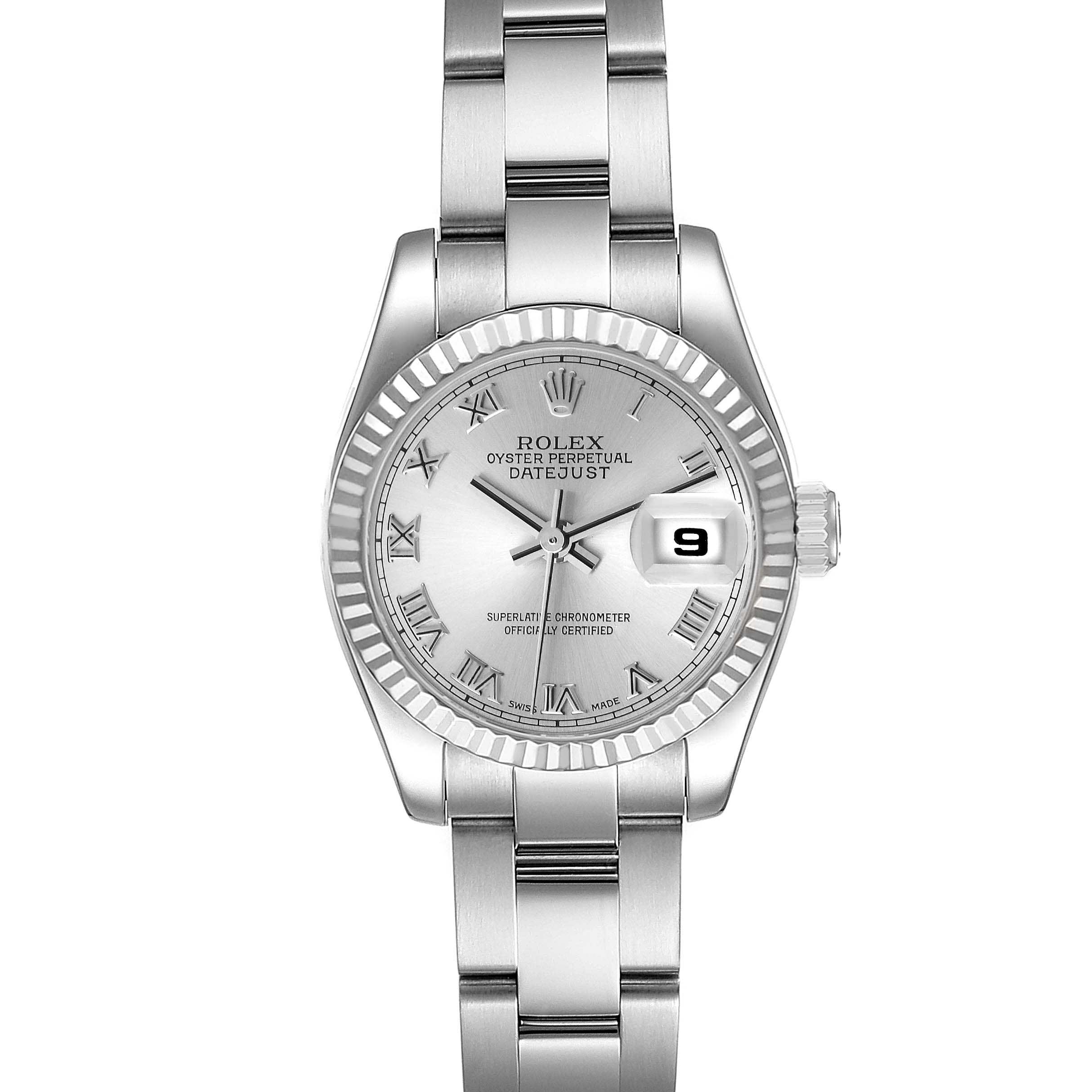 The image shows a frontal view of the Rolex Datejust 179174 Women's Stainless Steel Silver Dial 179174 Women's Stainless Steel Silver Dial watch highlighting its dial, fluted bezel, and bracelet.