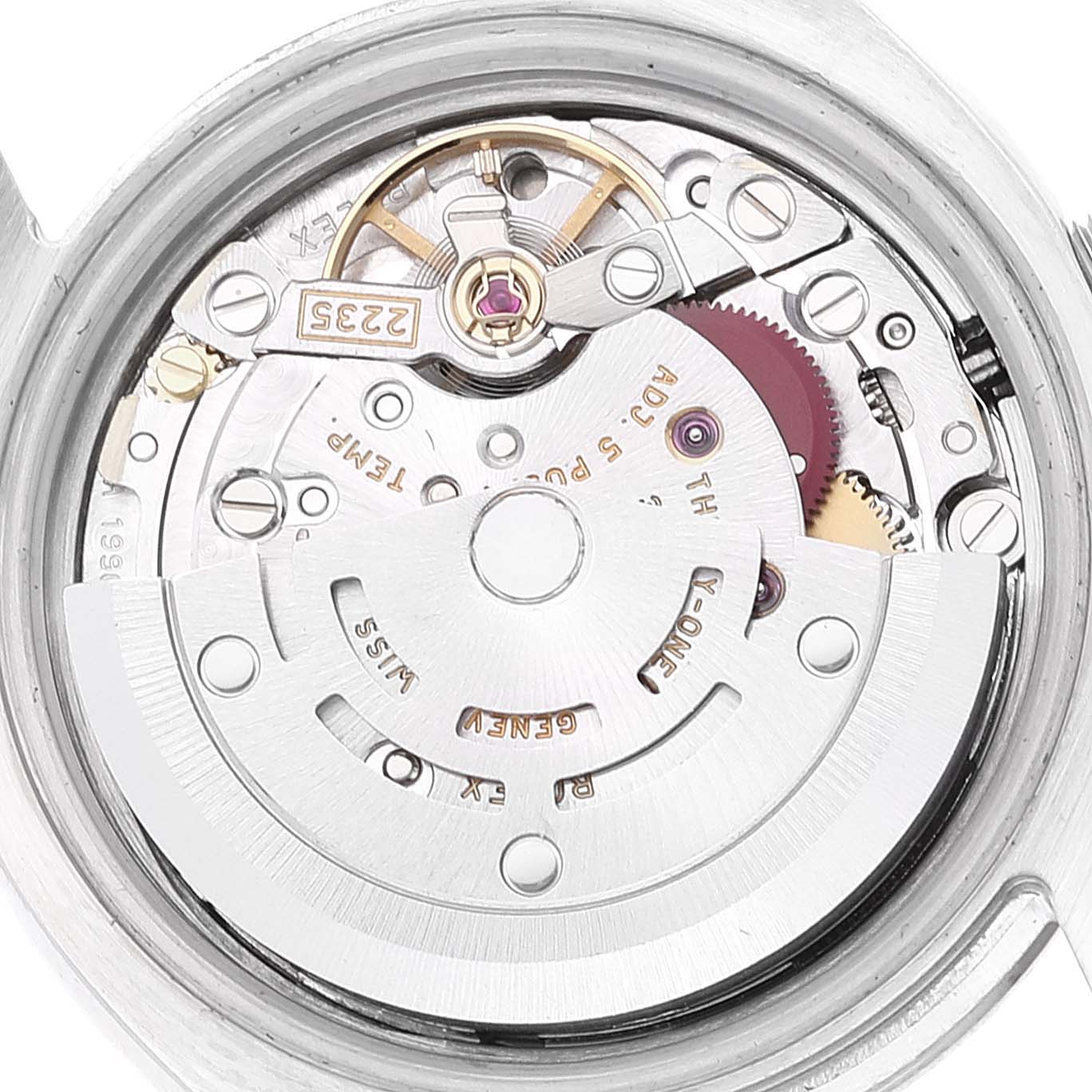 The image shows a close-up of the movement and internal components of a Rolex Datejust 179174 Women's Stainless Steel Silver Dial 179174 Women's Stainless Steel Silver Dial watch.