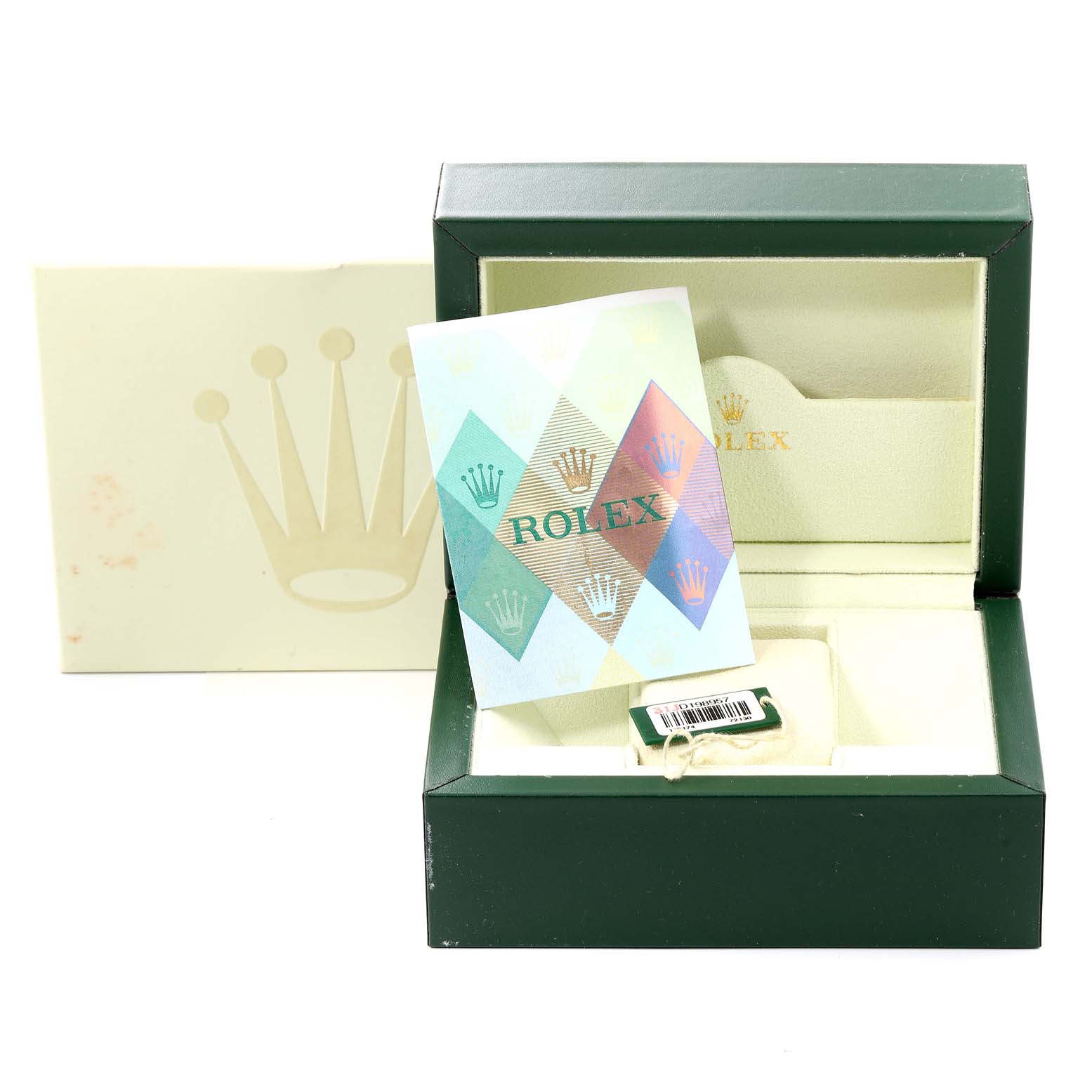 The image shows a close-up of a Rolex Datejust 179174 Women's Stainless Steel Silver Dial 179174 Women's Stainless Steel Silver Dial model box, authenticity card, and tags.