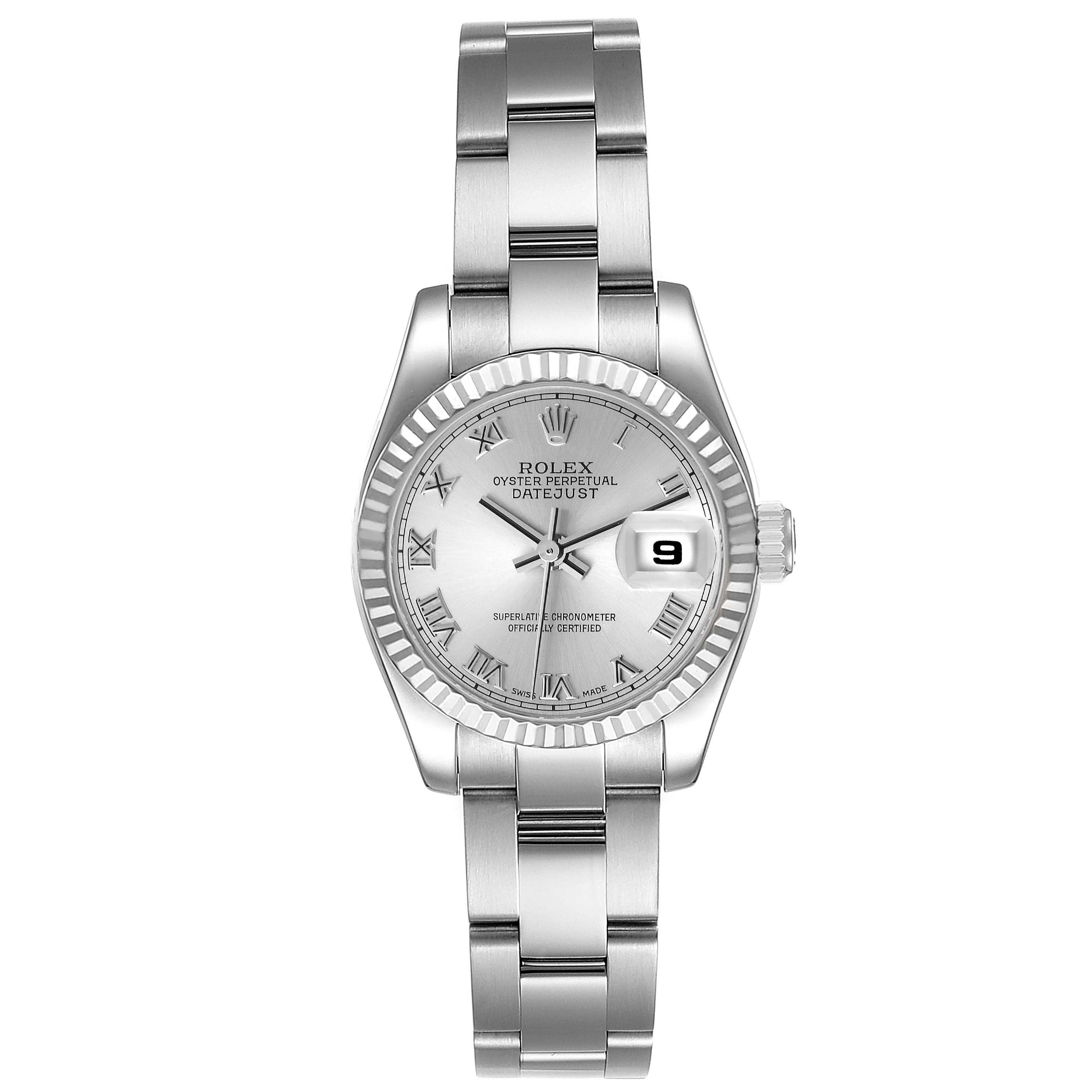 This image shows a front view of a Rolex Datejust 179174 Women's Stainless Steel Silver Dial 179174 Women's Stainless Steel Silver Dial watch, displaying its face, dial, date window, and bracelet.