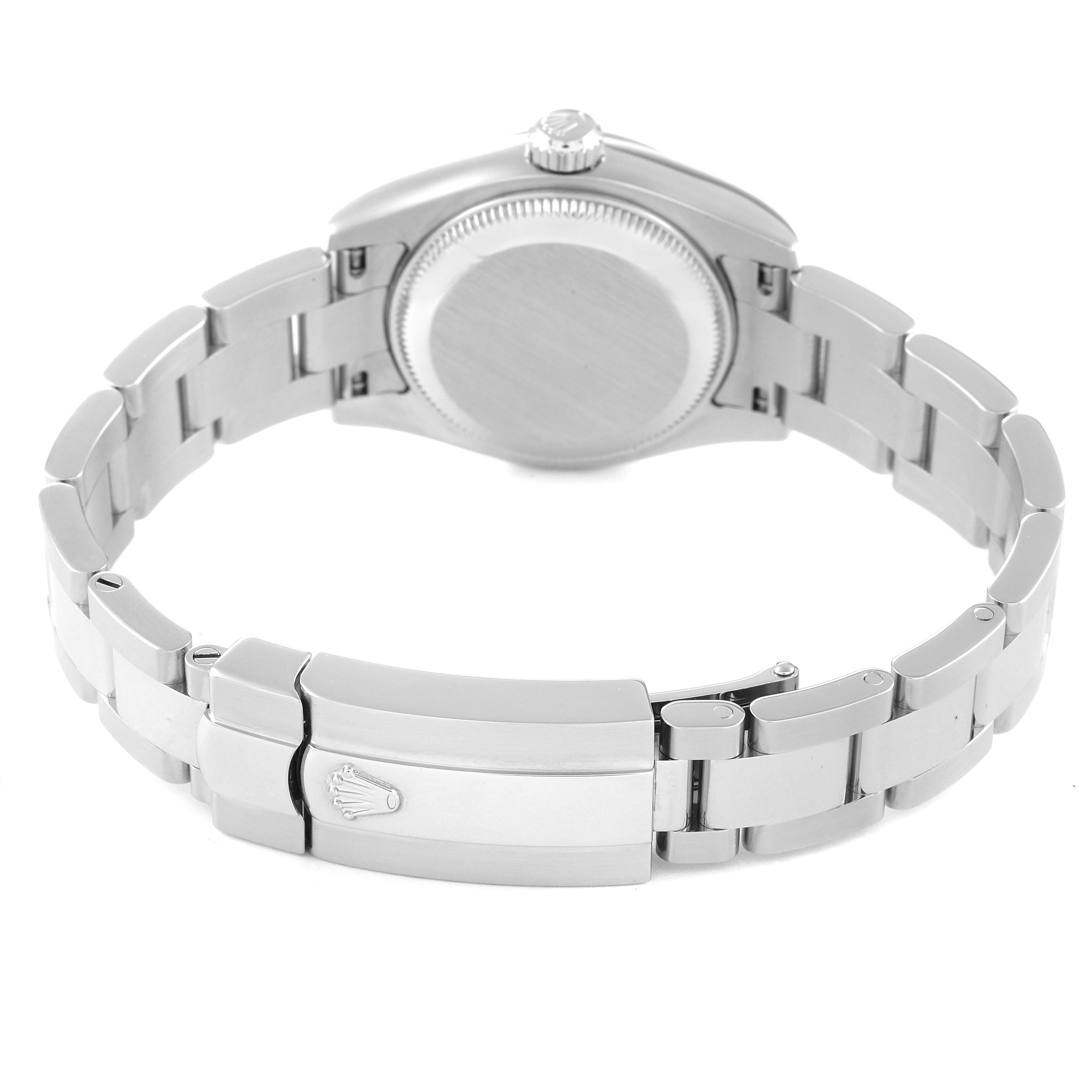 This image shows the back case and clasp of a Rolex Datejust 179174 Women's Stainless Steel Silver Dial 179174 Women's Stainless Steel Silver Dial watch, with a clear view of the bracelet and crown logo.