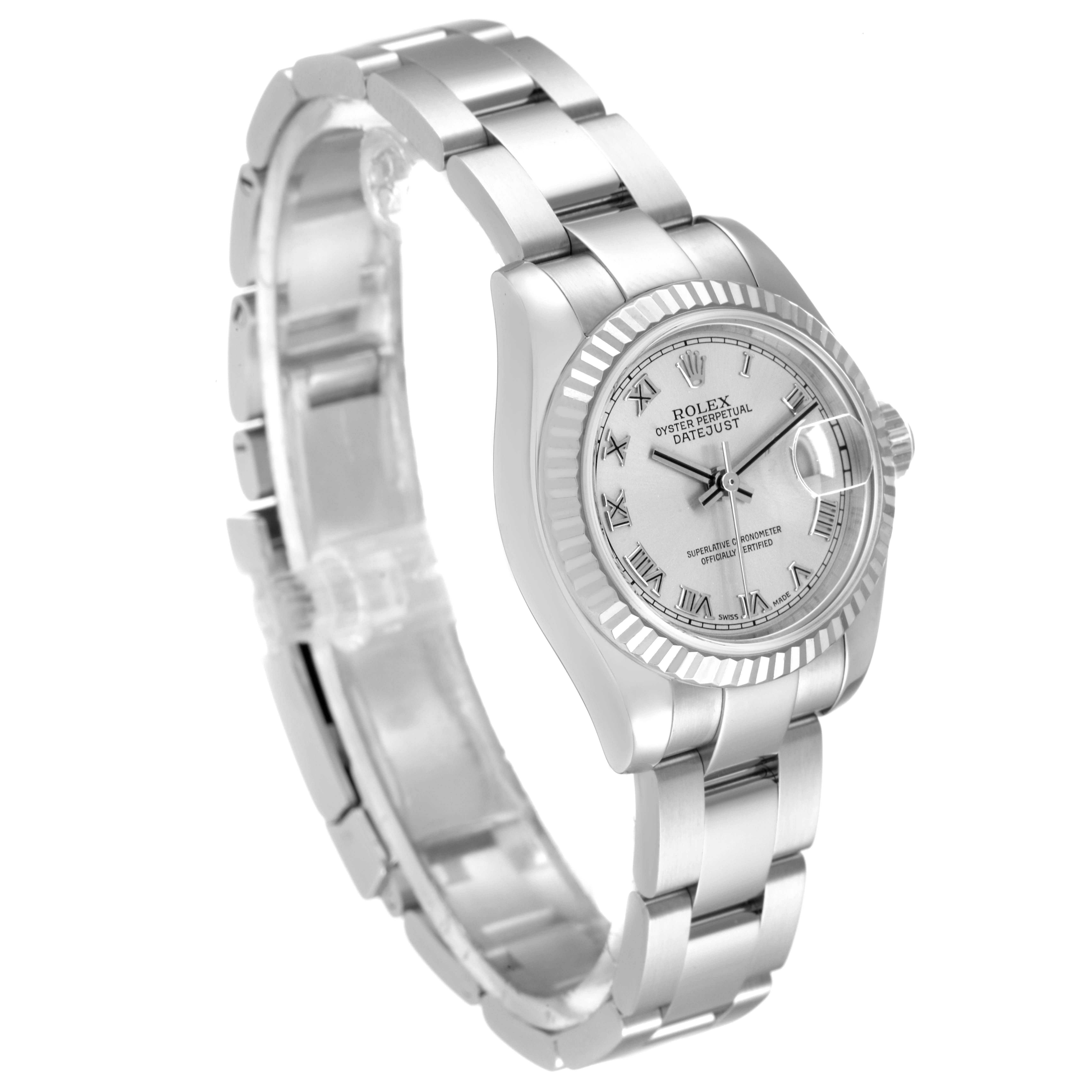 The image shows a Rolex Datejust 179174 Women's Stainless Steel Silver Dial 179174 Women's Stainless Steel Silver Dial watch angled to display its face, bezel, and bracelet prominently.