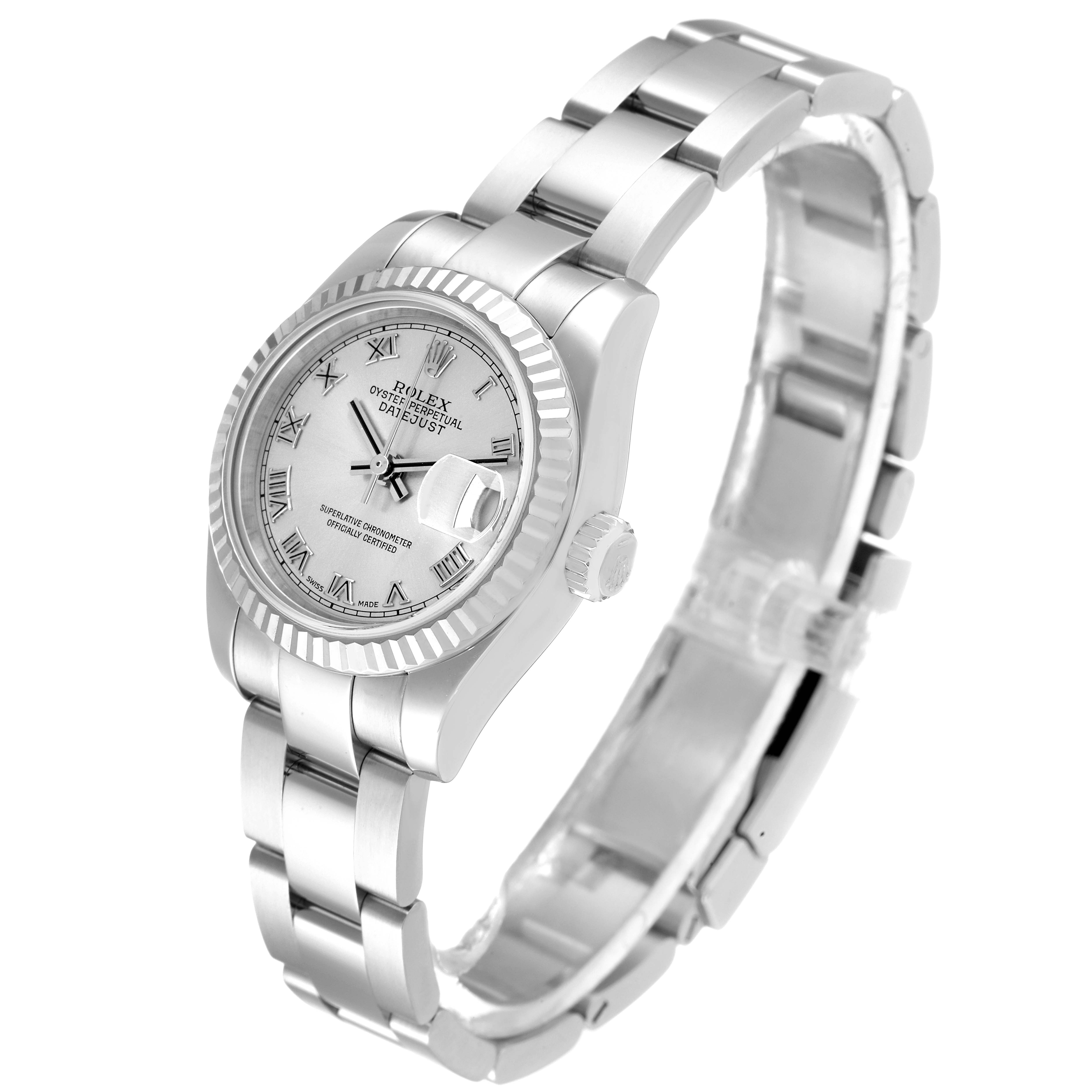 The image displays a Rolex Datejust 179174 Women's Stainless Steel Silver Dial 179174 Women's Stainless Steel Silver Dial watch from an angled side view, showcasing the face, bezel, crown, and bracelet.