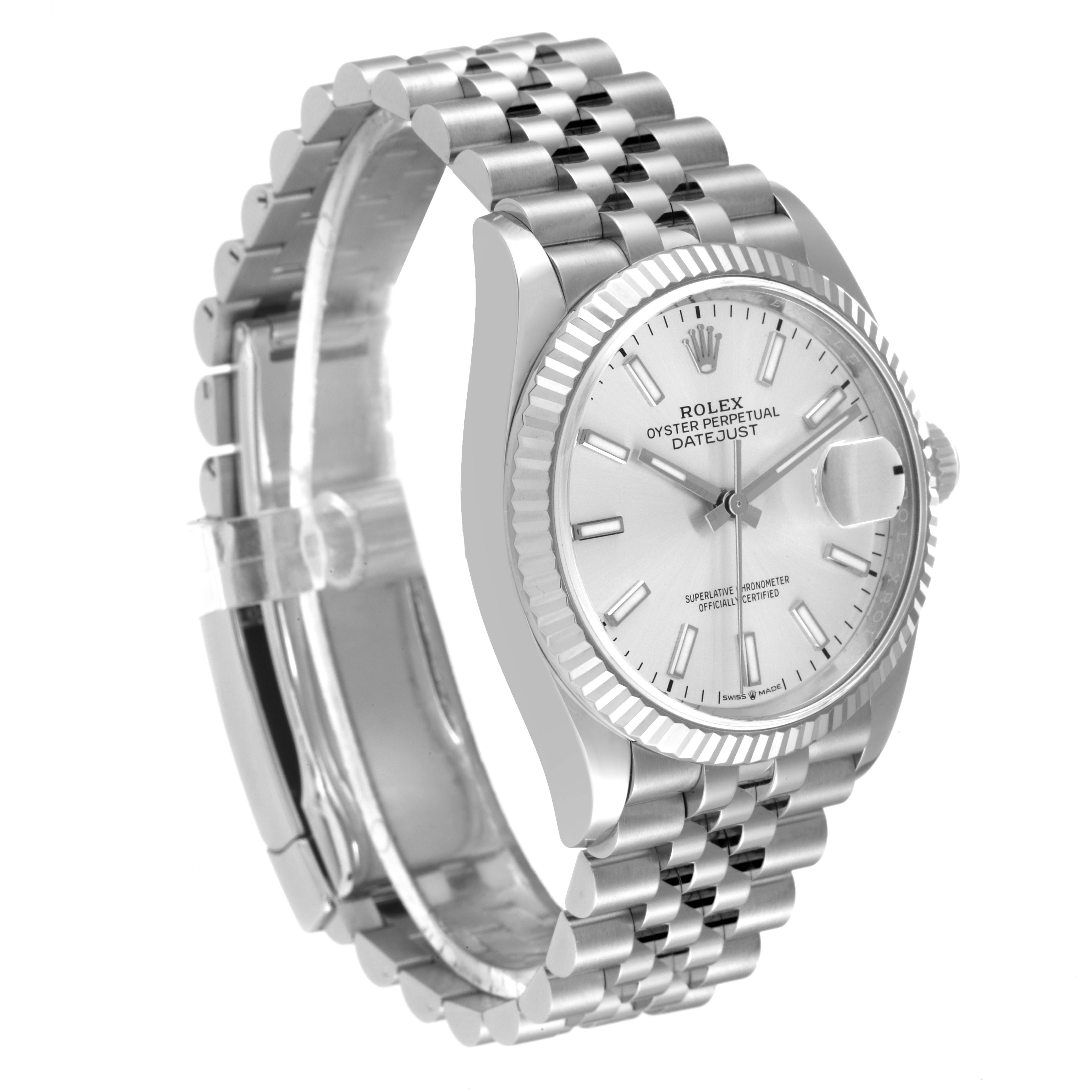 The image shows a Rolex Datejust 126234 Men's Stainless Steel Silver Dial 126234 Men's Stainless Steel Silver Dial watch from a side angle, highlighting its silver dial, fluted bezel, and jubilee bracelet.