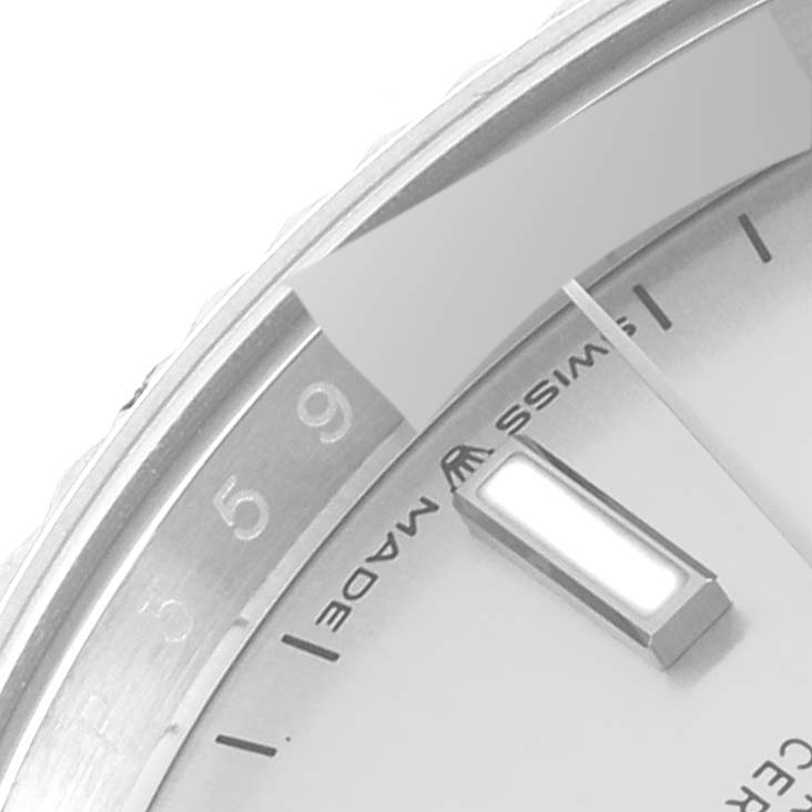 The image shows a close-up of the dial and bezel of a Rolex Datejust 126234 Men's Stainless Steel Silver Dial 126234 Men's Stainless Steel Silver Dial watch, including part of the hour marker and "SWISS MADE" text.