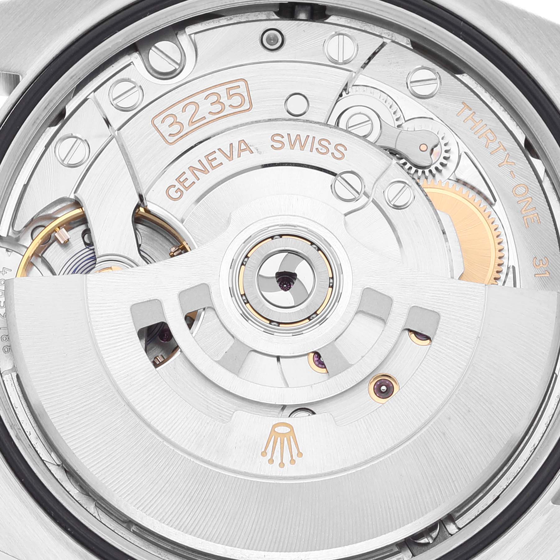 This is a close-up view of the movement inside a Rolex Datejust 126234 Men's Stainless Steel Silver Dial 126234 Men's Stainless Steel Silver Dial watch.