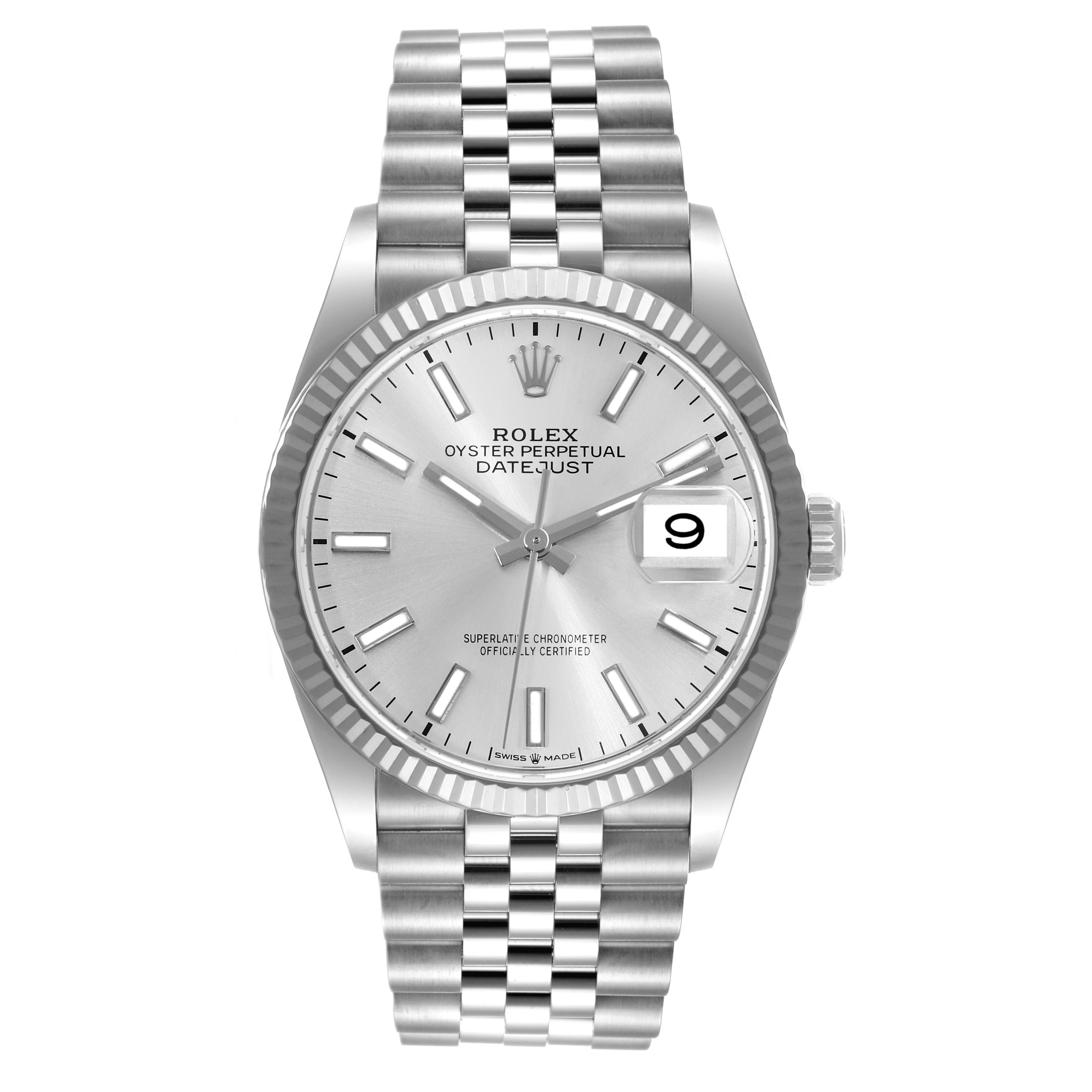 This image shows a front view of a Rolex Datejust 126234 Men's Stainless Steel Silver Dial 126234 Men's Stainless Steel Silver Dial watch, displaying its silver dial, fluted bezel, and Jubilee bracelet.