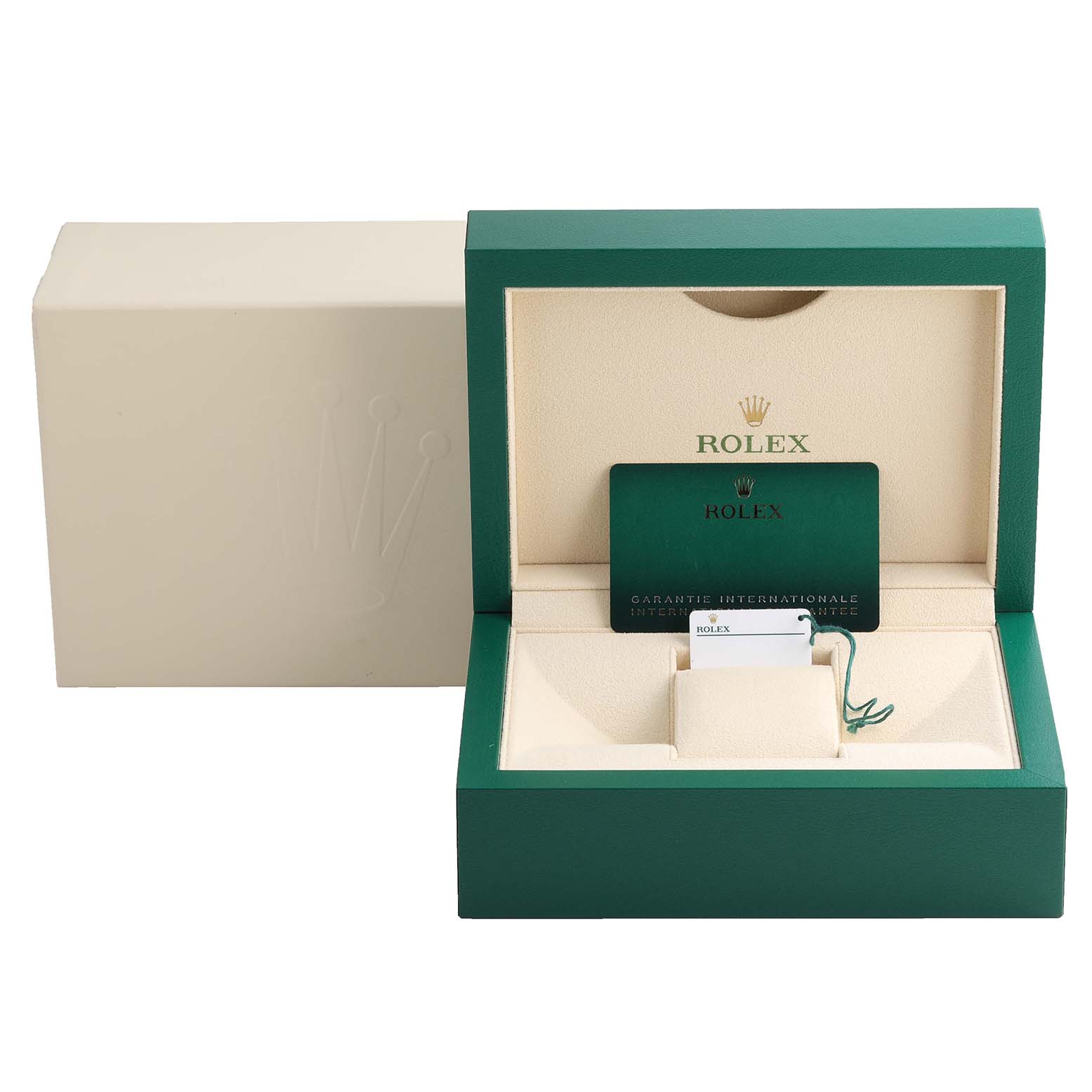 The image shows an open box with a tag and warranty card for the Rolex Datejust 126234 Men's Stainless Steel Silver Dial 126234 Men's Stainless Steel Silver Dial watch, with an outer box in the background.