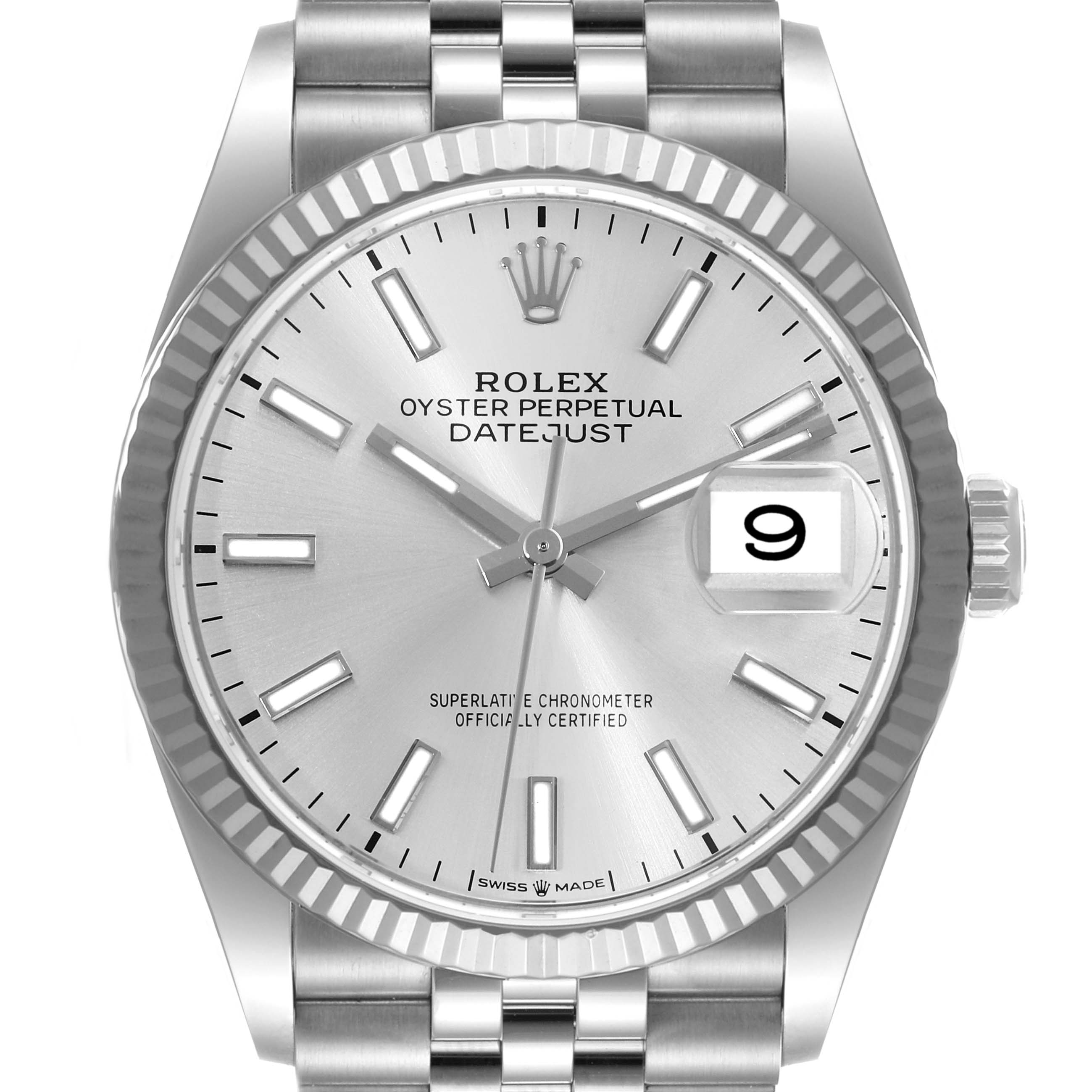 The image shows a front view of the Rolex Datejust 126234 Men's Stainless Steel Silver Dial 126234 Men's Stainless Steel Silver Dial, highlighting the dial, date window, hands, and part of the bracelet.