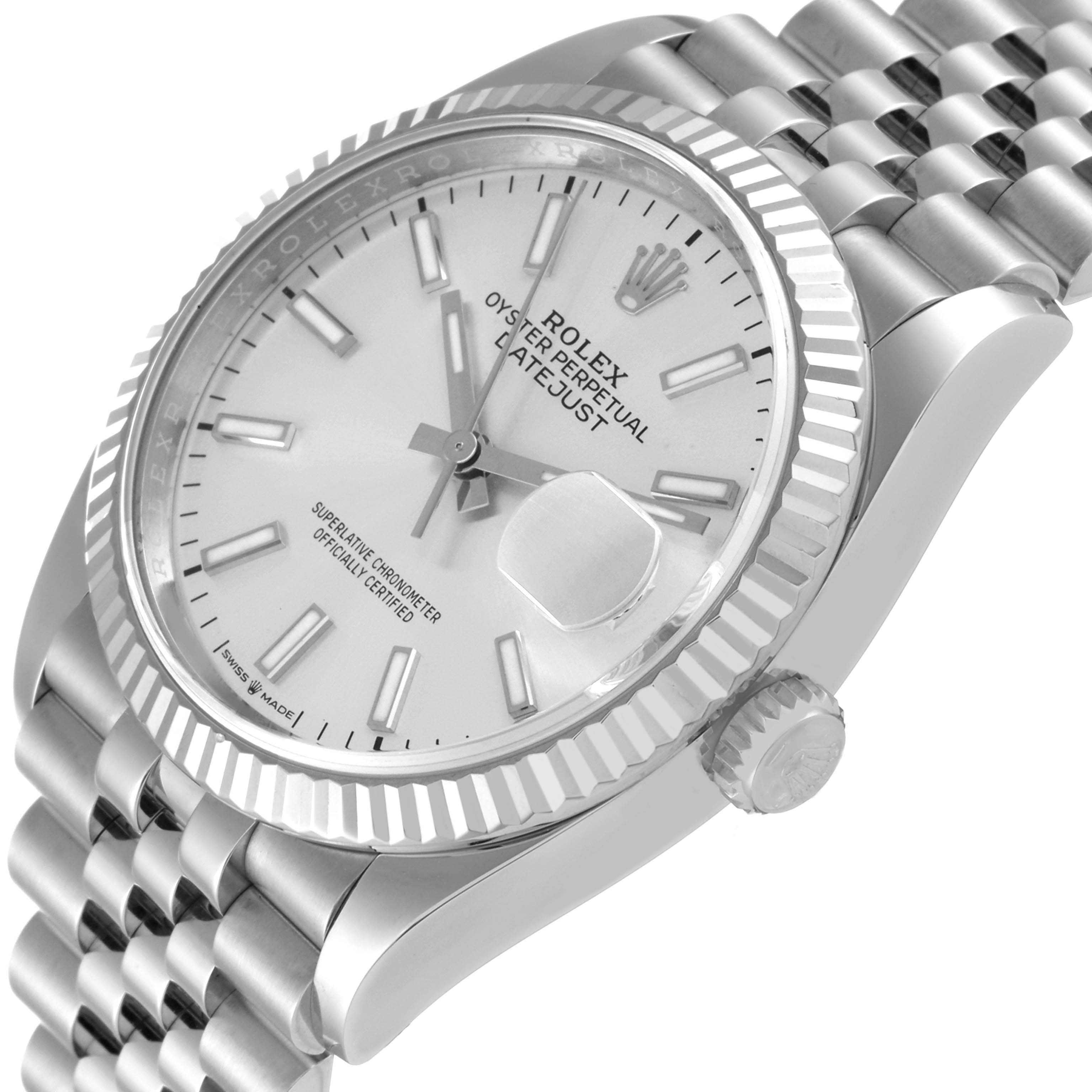 The image shows a close-up angled view of the face and side of the Rolex Datejust 126234 Men's Stainless Steel Silver Dial 126234 Men's Stainless Steel Silver Dial watch, highlighting the dial, bezel, and bracelet.