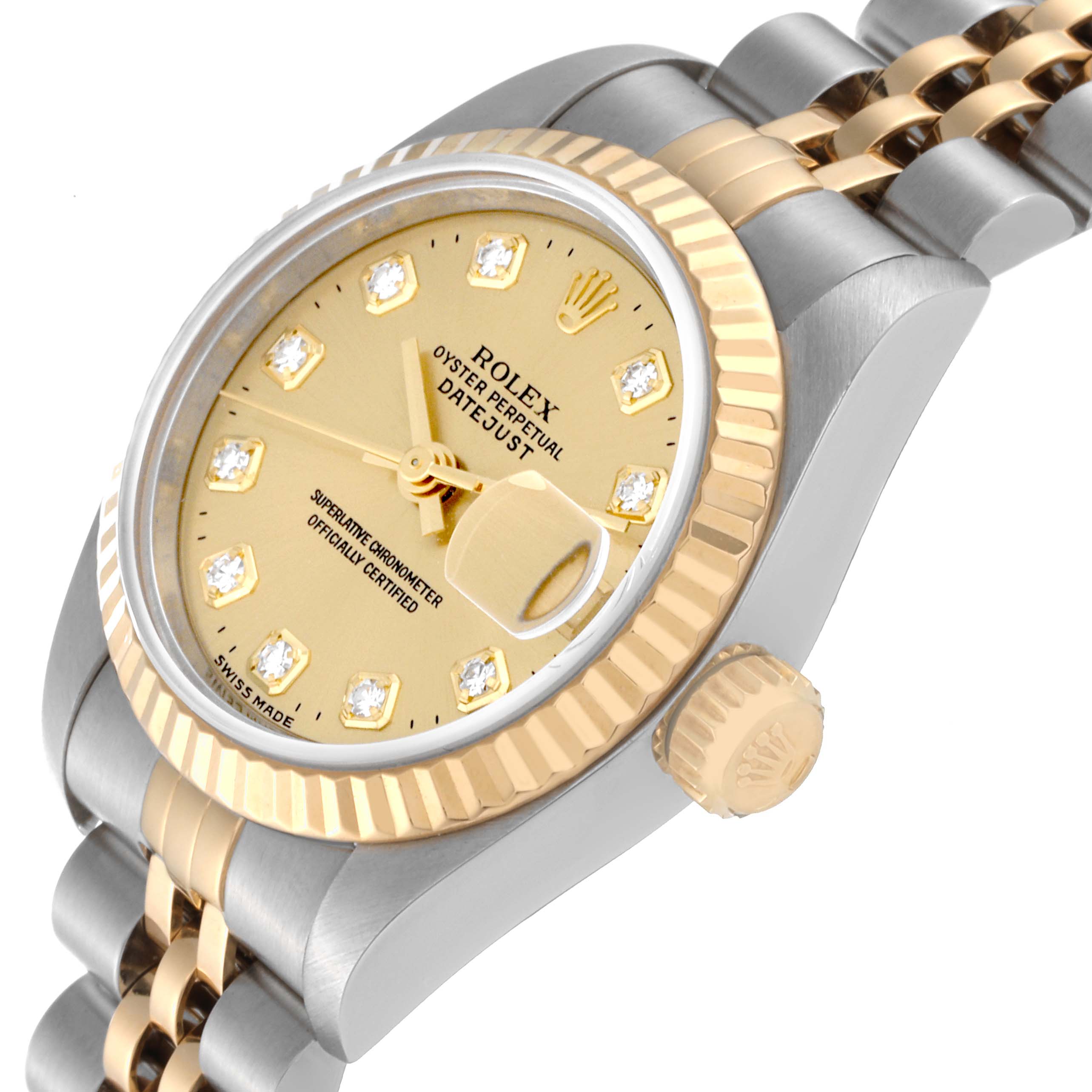 The Rolex Datejust 69173 Women's Steel and Gold (two tone) Champagne Dial 69173 Women's Steel and Gold (two tone) Champagne Dial watch is shown at an angle highlighting the dial, bezel, crown, and bracelet.