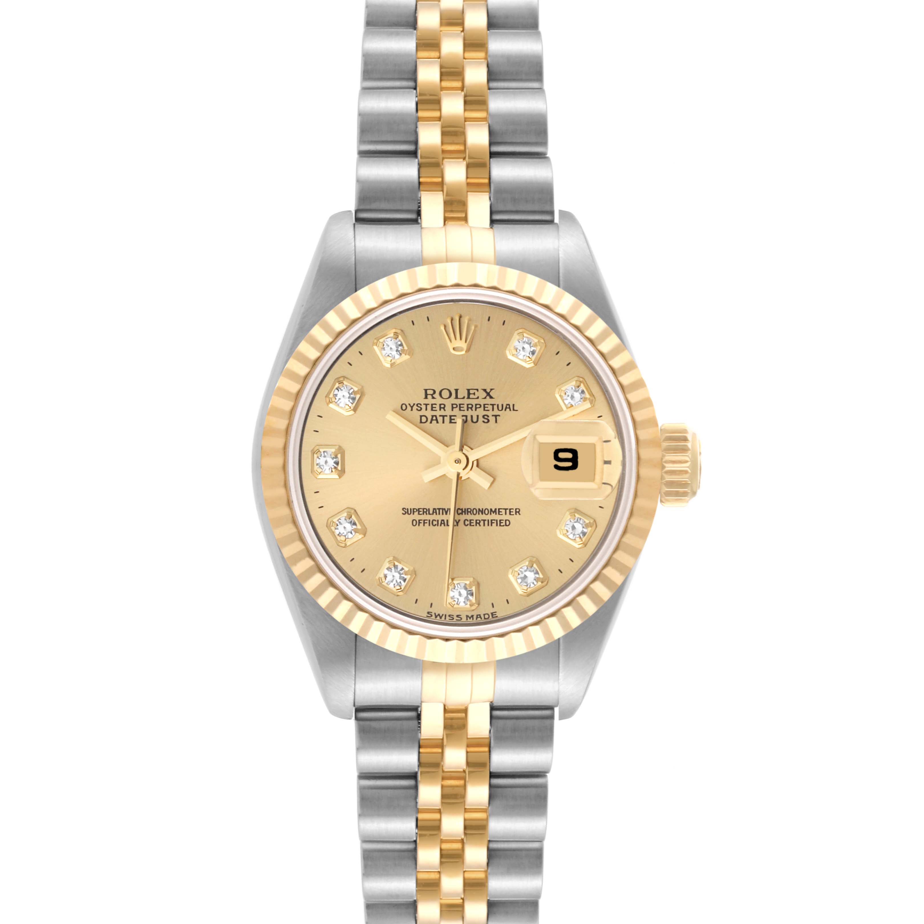 This Rolex Datejust 69173 Women's Steel and Gold (two tone) Champagne Dial 69173 Women's Steel and Gold (two tone) Champagne Dial watch is shown from a top-down angle, highlighting its two-tone bracelet, gold dial, diamond hour markers, and date window.