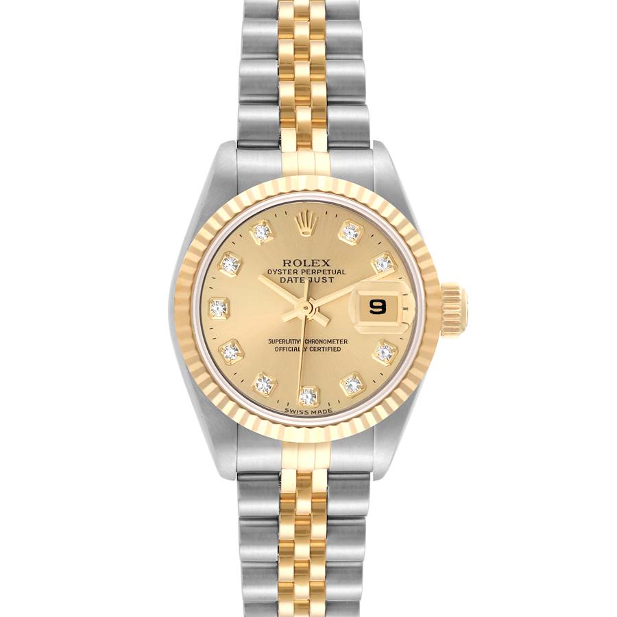 This Rolex Datejust watch is shown from a top-down angle, highlighting its two-tone bracelet, gold dial, diamond hour markers, and date window.