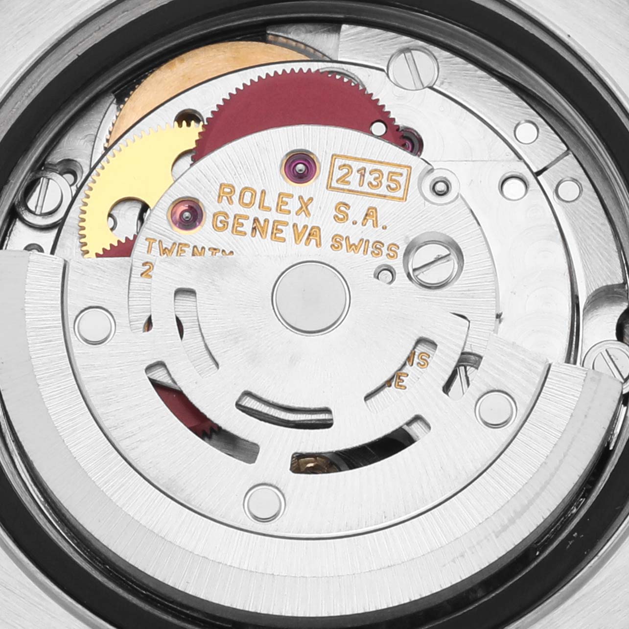 This image shows the intricate movement mechanism of a Rolex Datejust 69173 Women's Steel and Gold (two tone) Champagne Dial 69173 Women's Steel and Gold (two tone) Champagne Dial watch viewed from the back.