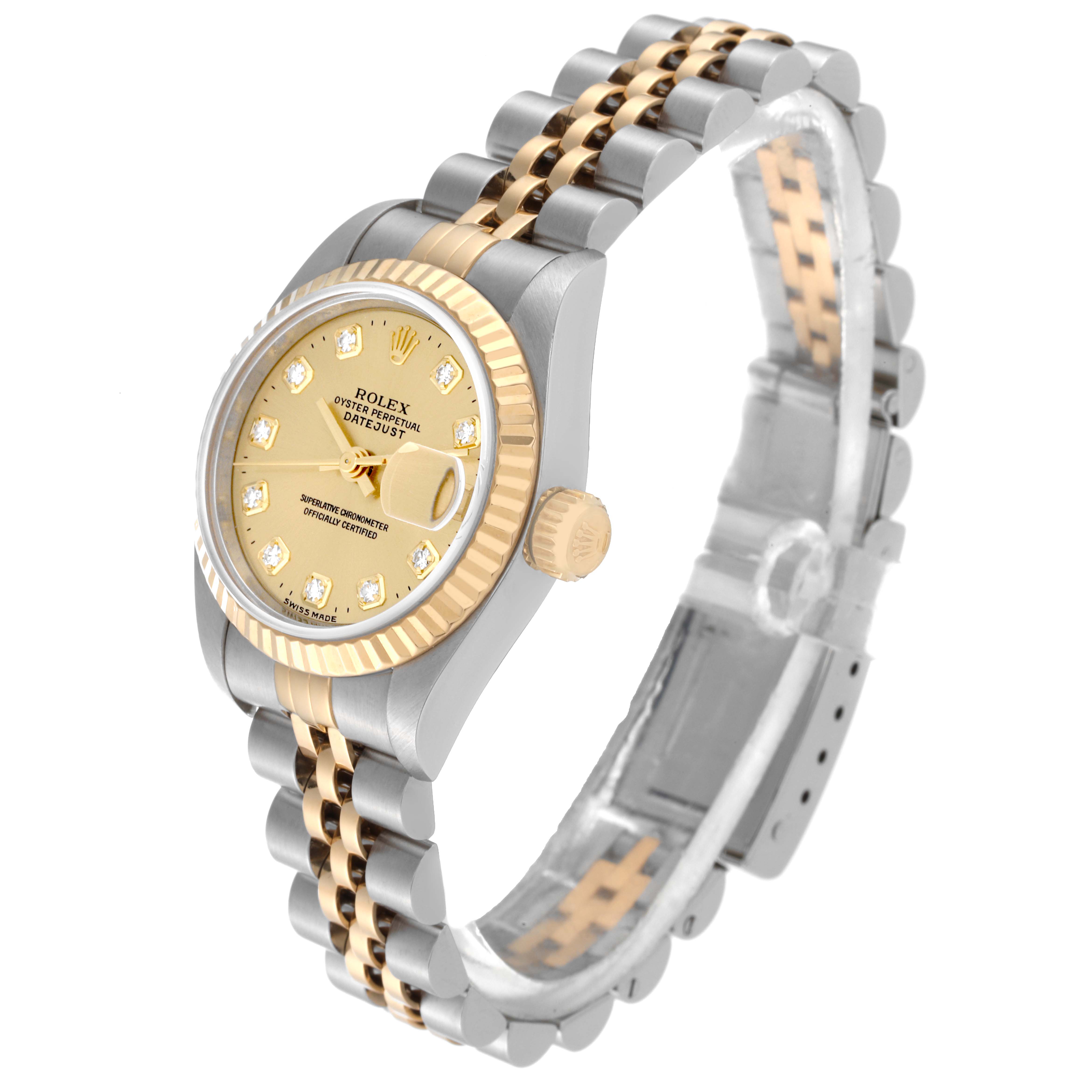 The Datejust by Rolex is shown at an angled view displaying the face, bezel, crown, and two-tone bracelet.