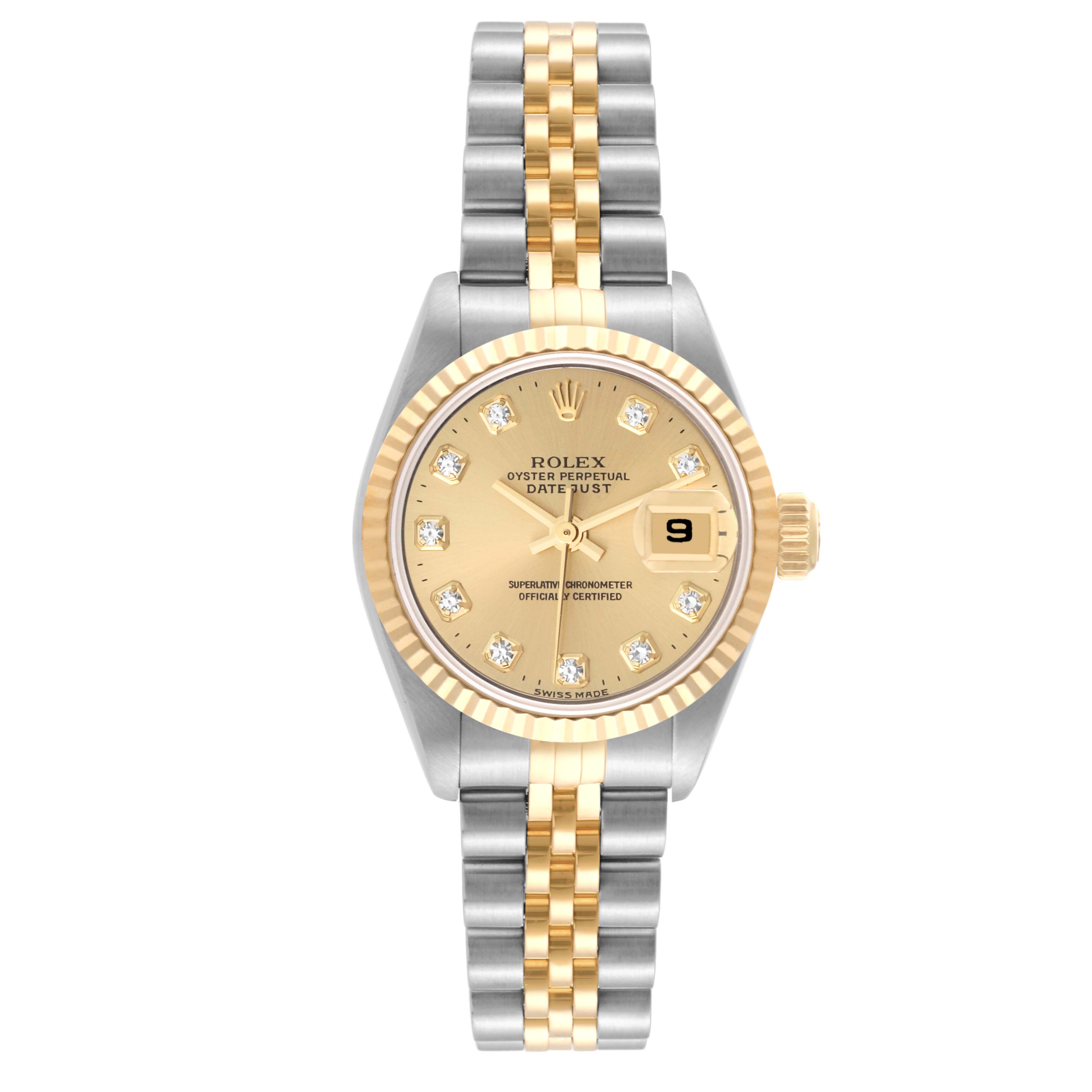 The image shows a frontal view of a Rolex Datejust 69173 Women's Steel and Gold (two tone) Champagne Dial 69173 Women's Steel and Gold (two tone) Champagne Dial watch, featuring a gold and silver bracelet and a gold dial with diamond markers.