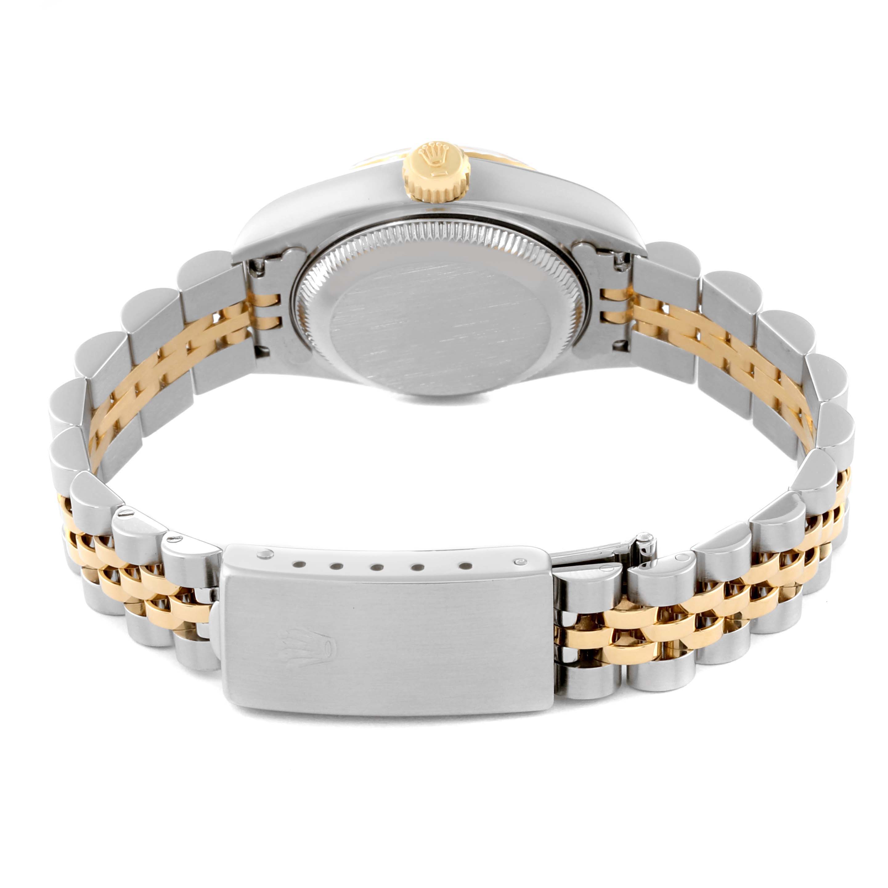 This image shows the back of a Rolex Datejust 69173 Women's Steel and Gold (two tone) Champagne Dial 69173 Women's Steel and Gold (two tone) Champagne Dial watch, highlighting the case back, crown, and two-tone bracelet with the clasp.