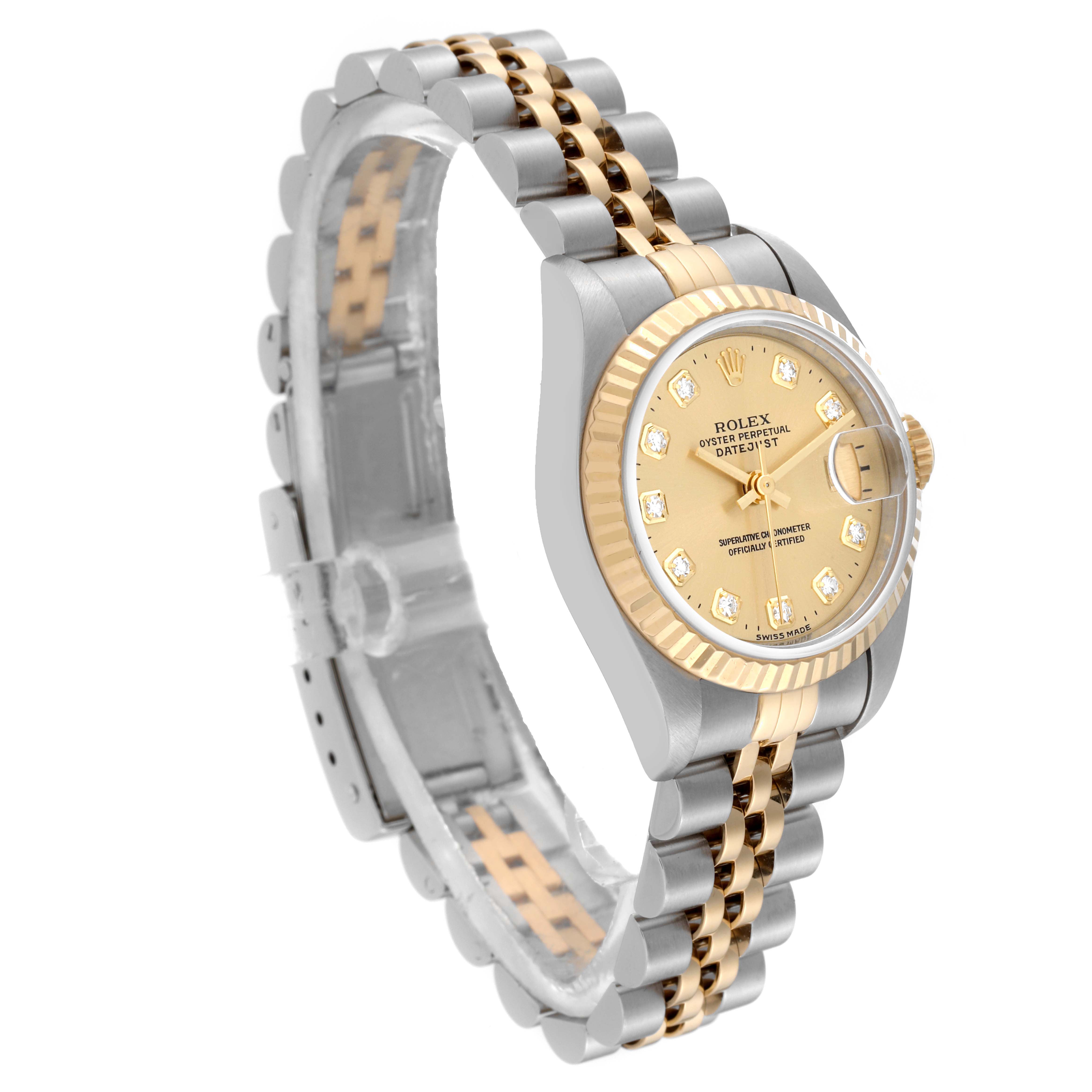 The Rolex Datejust 69173 Women's Steel and Gold (two tone) Champagne Dial 69173 Women's Steel and Gold (two tone) Champagne Dial watch is shown at a three-quarter angle, highlighting its two-tone bracelet, champagne dial, and fluted bezel.