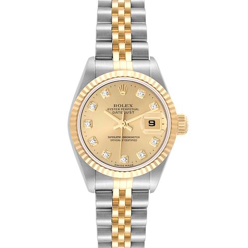 This is a frontal view of the Rolex Datejust watch, showing its dial, bezel, and two-tone bracelet.