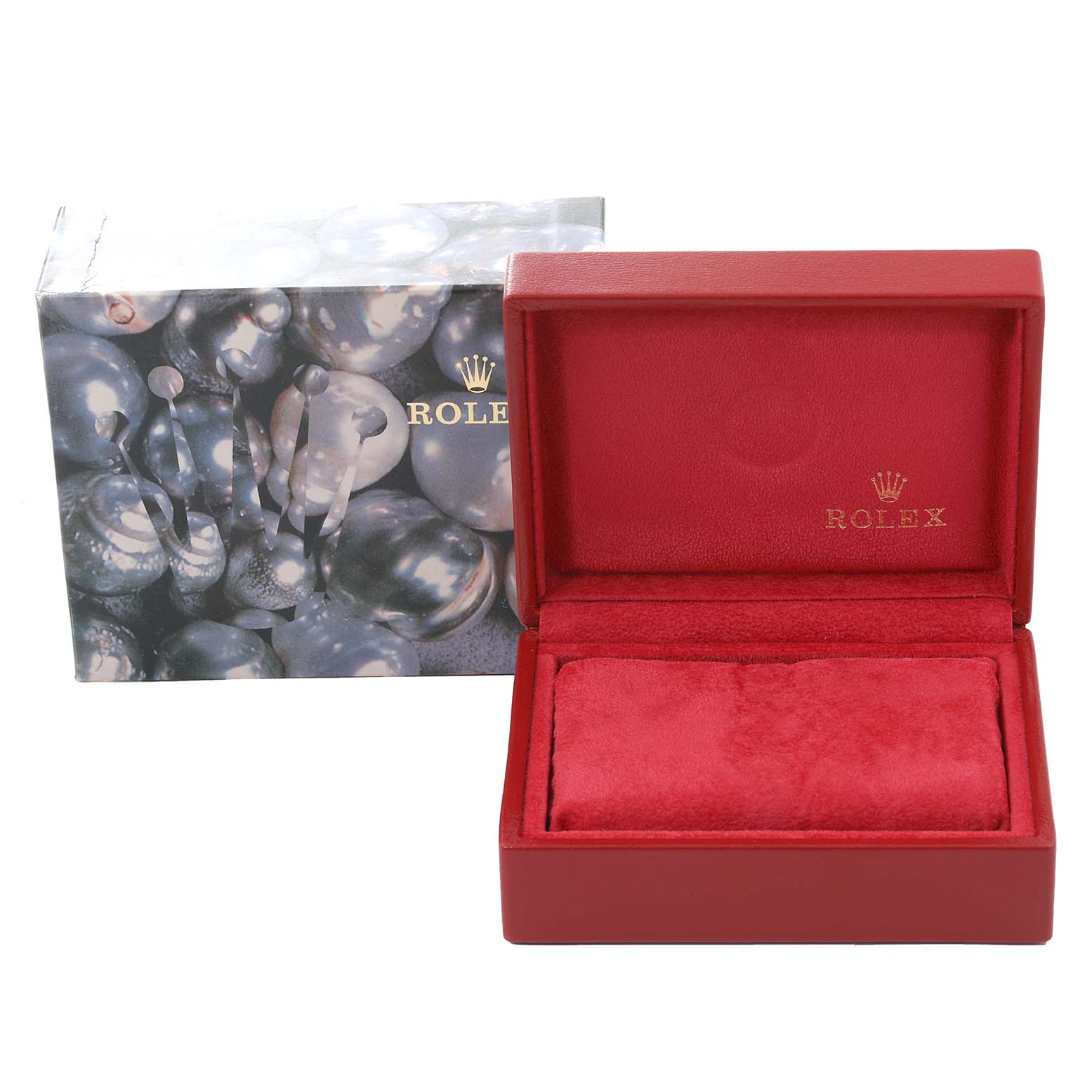 This image shows the opened red watch box and outer packaging for a Rolex Datejust 69173 Women's Steel and Gold (two tone) Champagne Dial 69173 Women's Steel and Gold (two tone) Champagne Dial model.