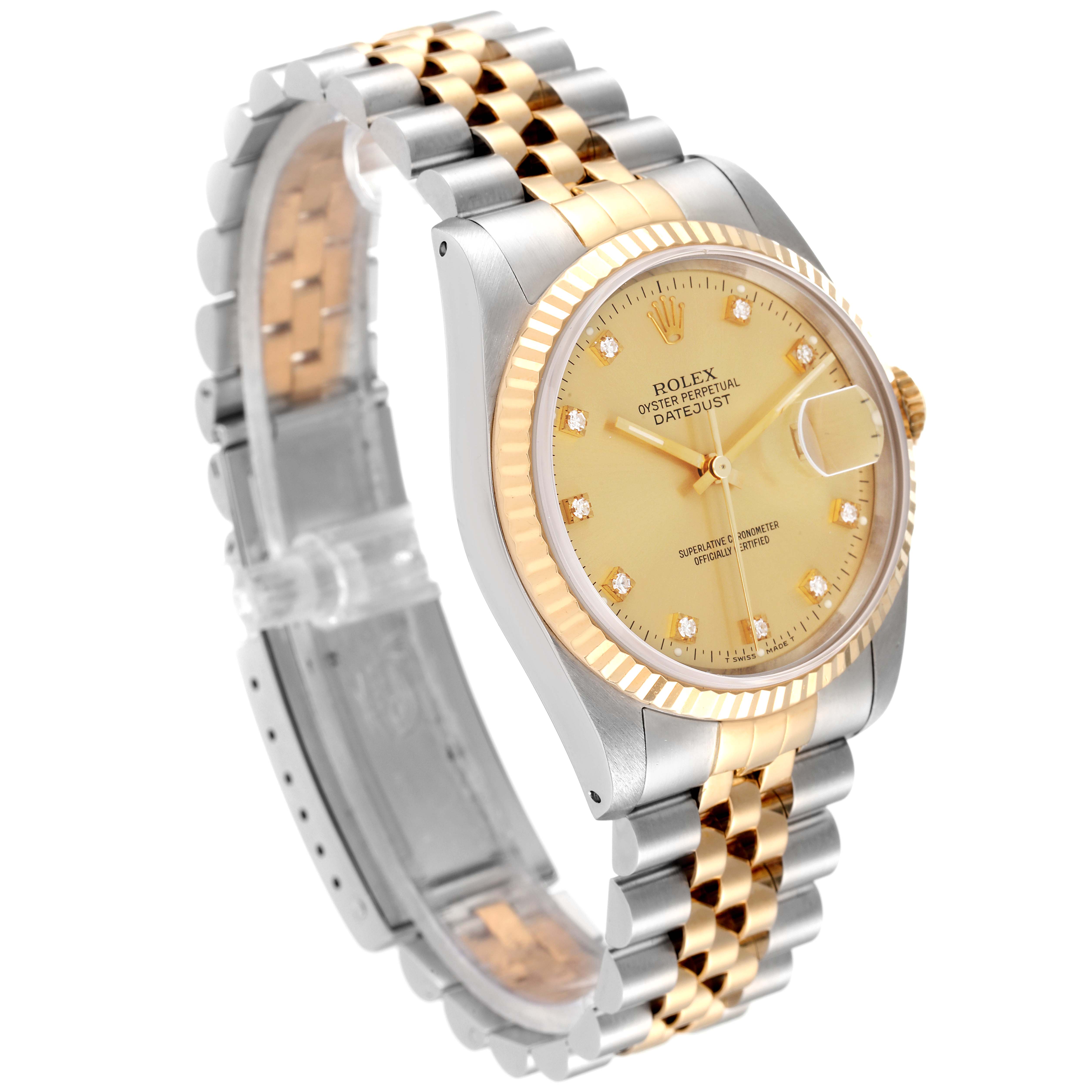 The image shows a Rolex Datejust 16233 Men's Steel and Gold (two tone) Champagne Dial 16233 Men's Steel and Gold (two tone) Champagne Dial watch at a slight angle, highlighting its dial, bezel, and bracelet.