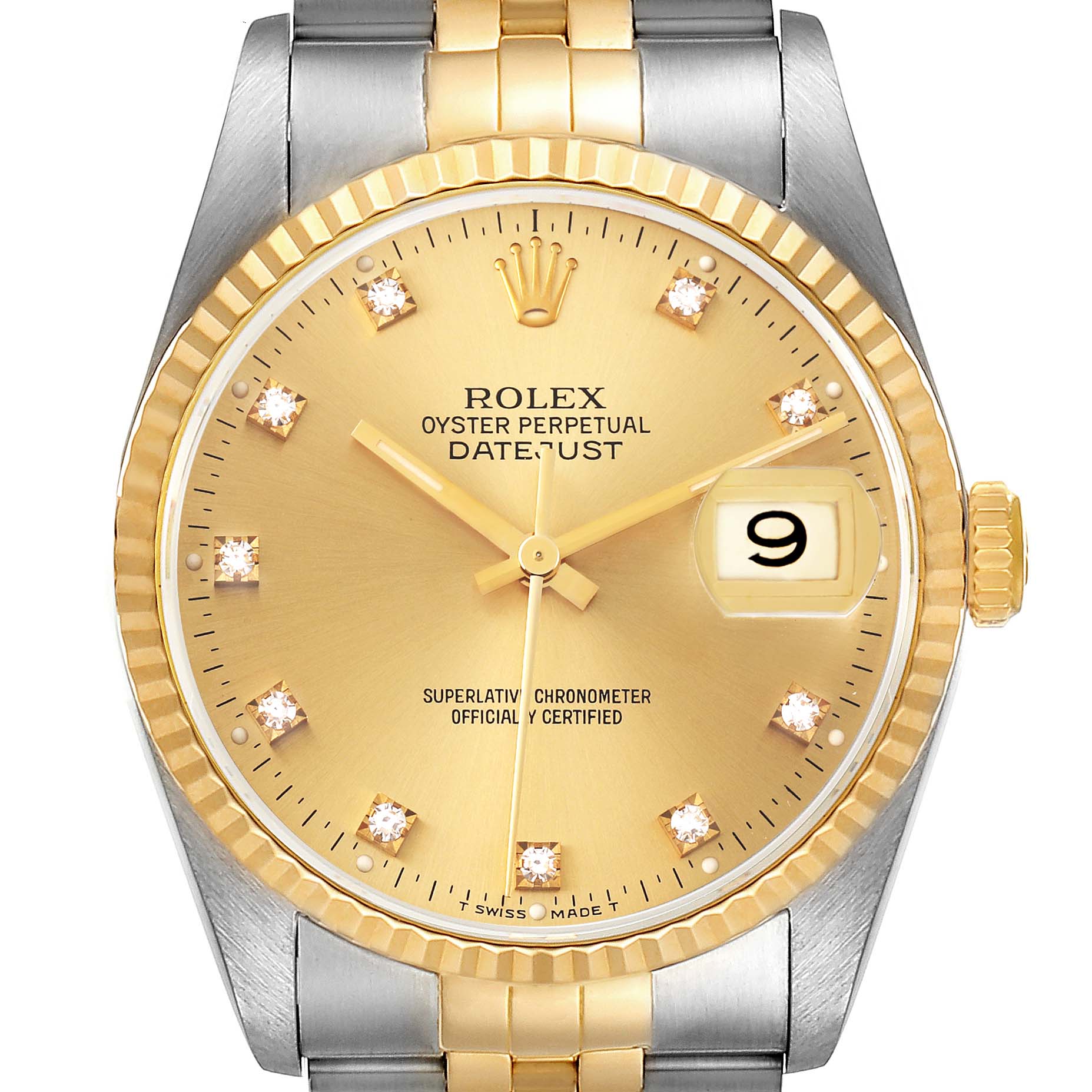 The image shows a frontal view of a Rolex Datejust 16233 Men's Steel and Gold (two tone) Champagne Dial 16233 Men's Steel and Gold (two tone) Champagne Dial watch, highlighting the dial, hands, date window, and part of the bracelet.