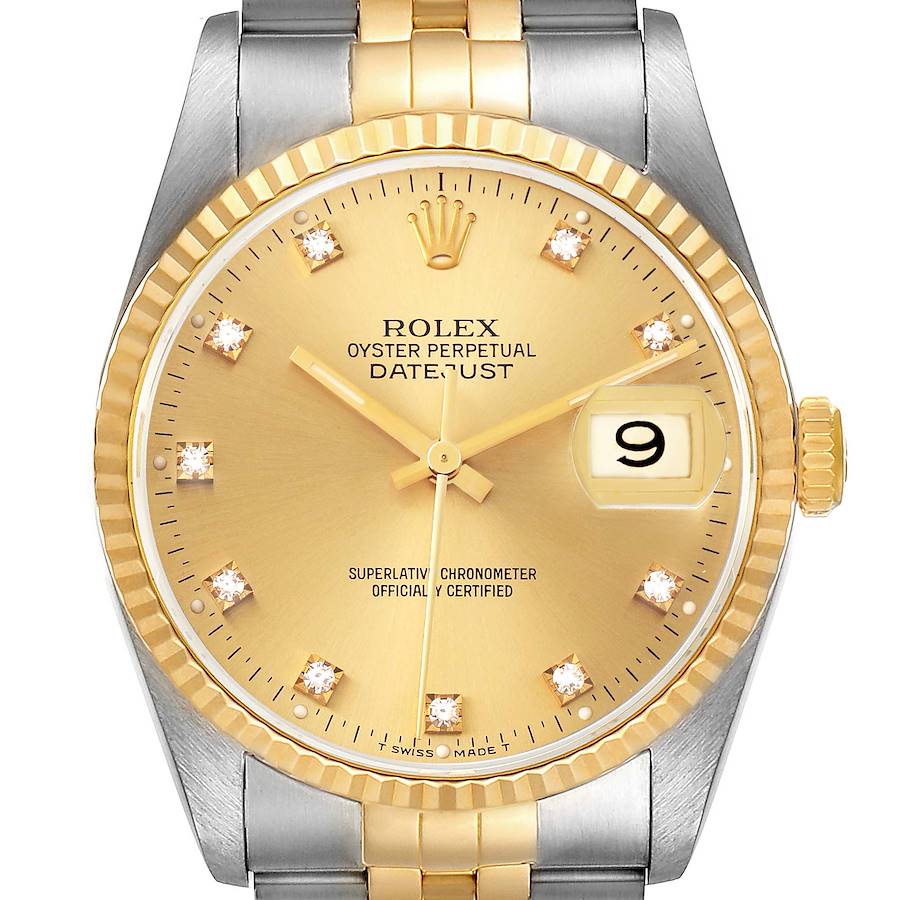 The image shows a frontal view of a Rolex Datejust watch, highlighting the dial, hands, date window, and part of the bracelet.