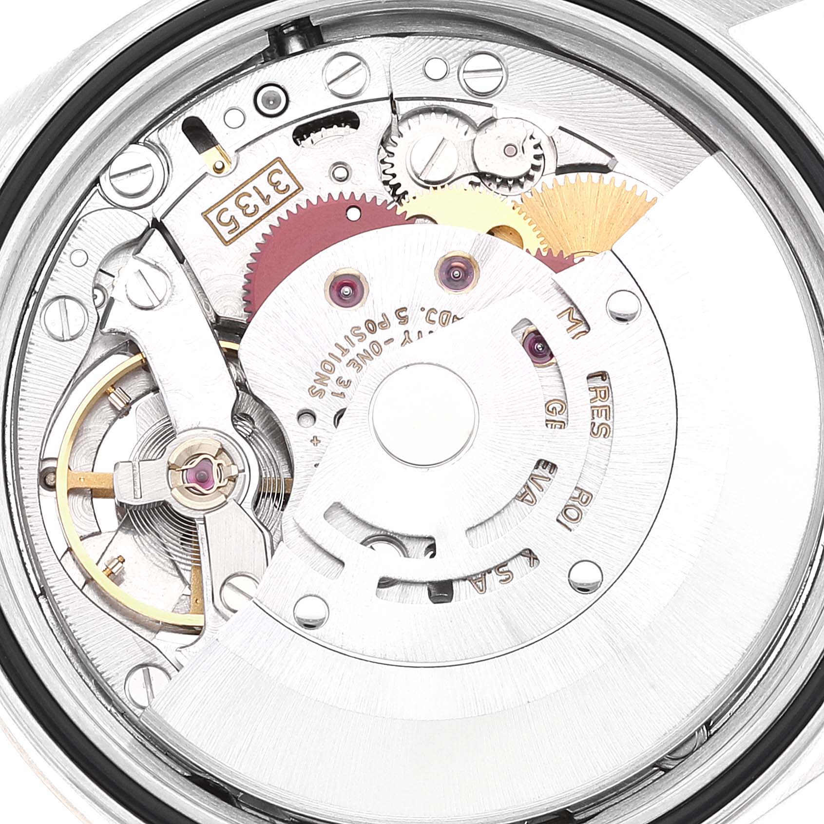 This image shows a close-up, angled view of the Rolex Datejust 16233 Men's Steel and Gold (two tone) Champagne Dial 16233 Men's Steel and Gold (two tone) Champagne Dial watch movement mechanism.