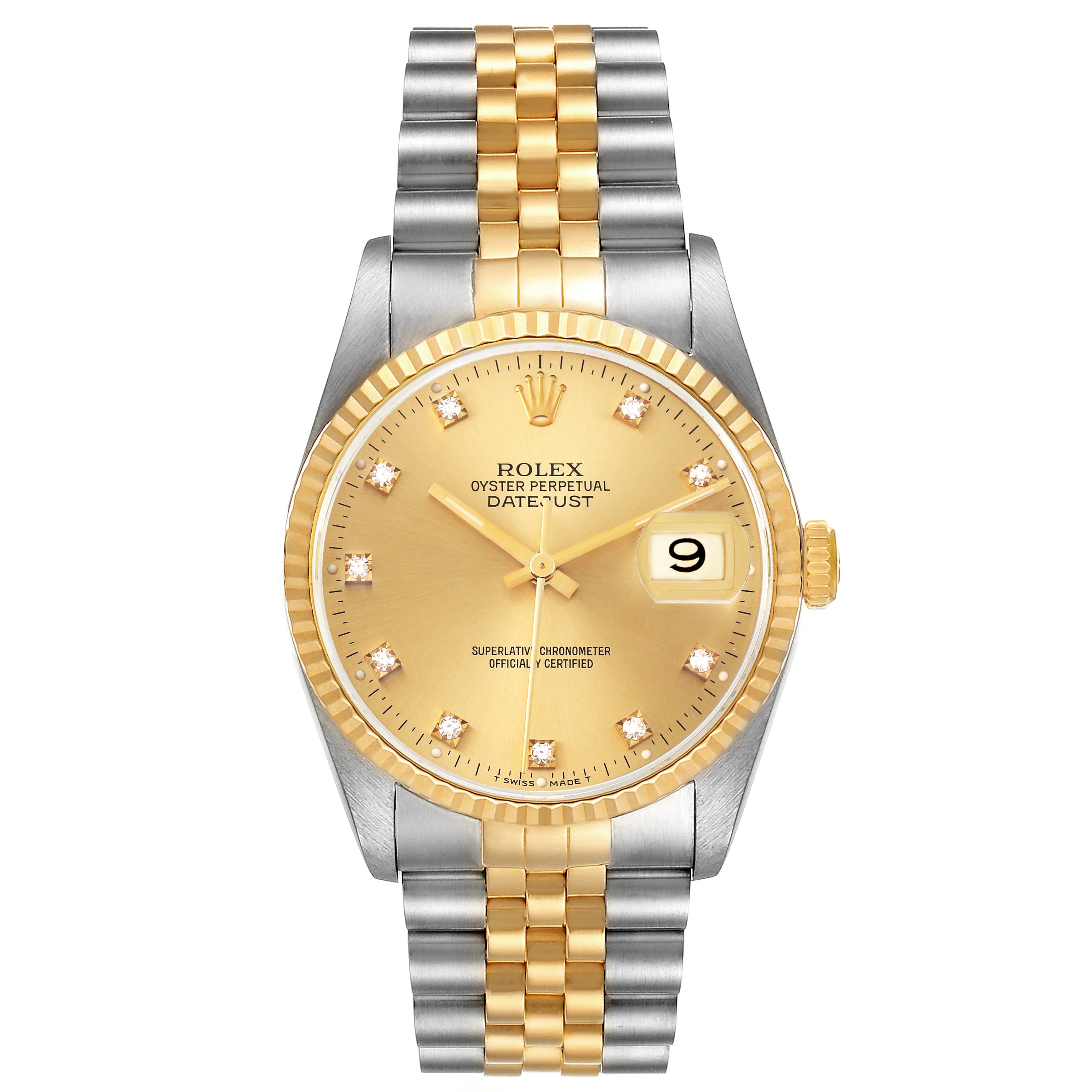 The Rolex Datejust 16233 Men's Steel and Gold (two tone) Champagne Dial 16233 Men's Steel and Gold (two tone) Champagne Dial watch is shown from a top-down angle, displaying the face, fluted bezel, two-tone bracelet, and crown.