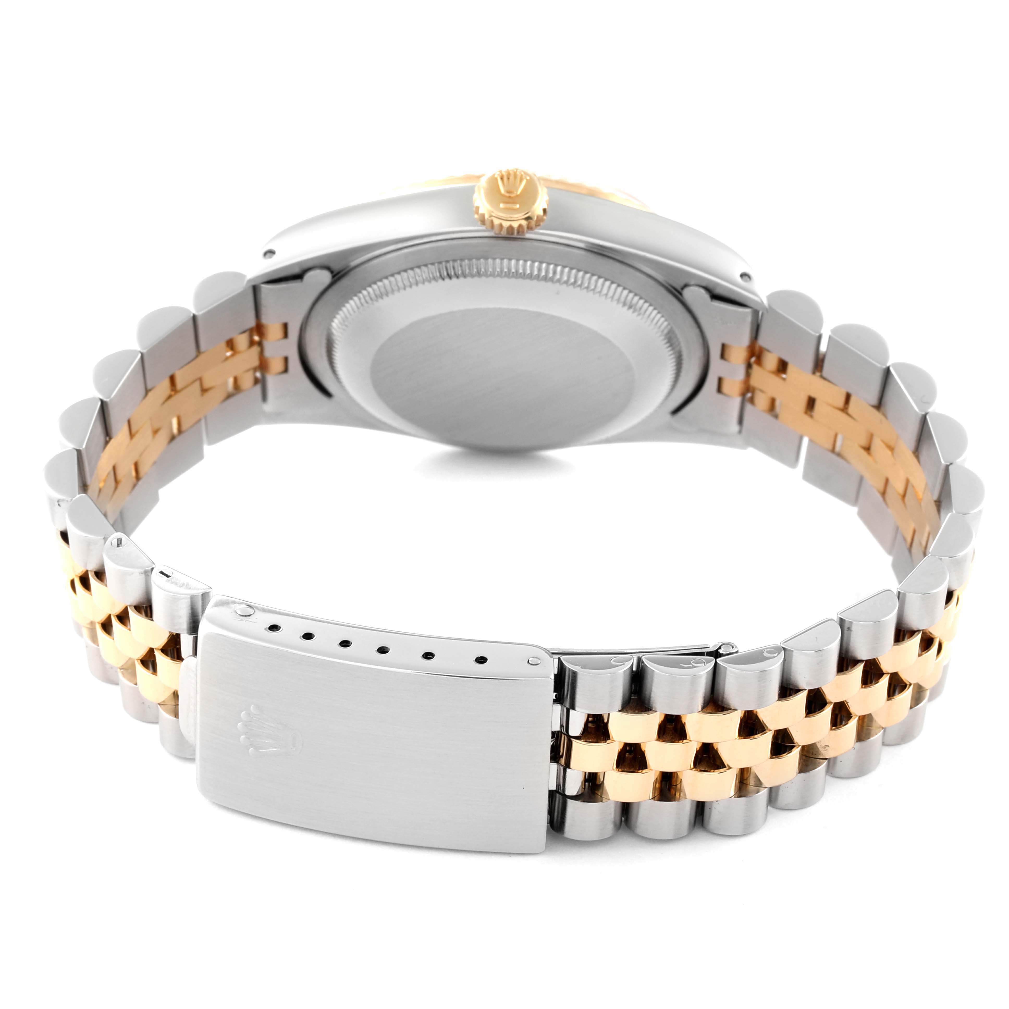 The image shows the back case and bracelet of a Rolex Datejust 16233 Men's Steel and Gold (two tone) Champagne Dial 16233 Men's Steel and Gold (two tone) Champagne Dial, emphasizing the clasp and crown.