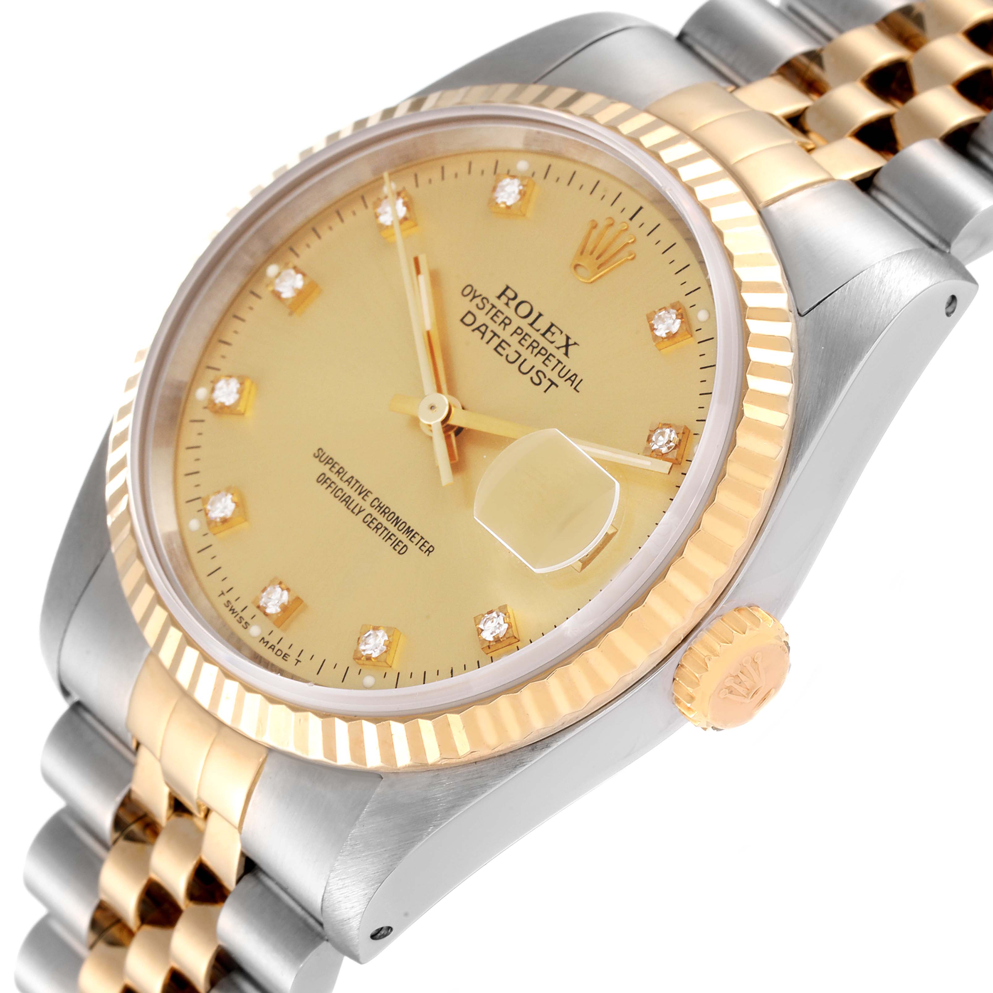 This image displays a Rolex Datejust 16233 Men's Steel and Gold (two tone) Champagne Dial 16233 Men's Steel and Gold (two tone) Champagne Dial watch from a slightly angled view, highlighting its champagne dial, fluted bezel, and two-tone bracelet.