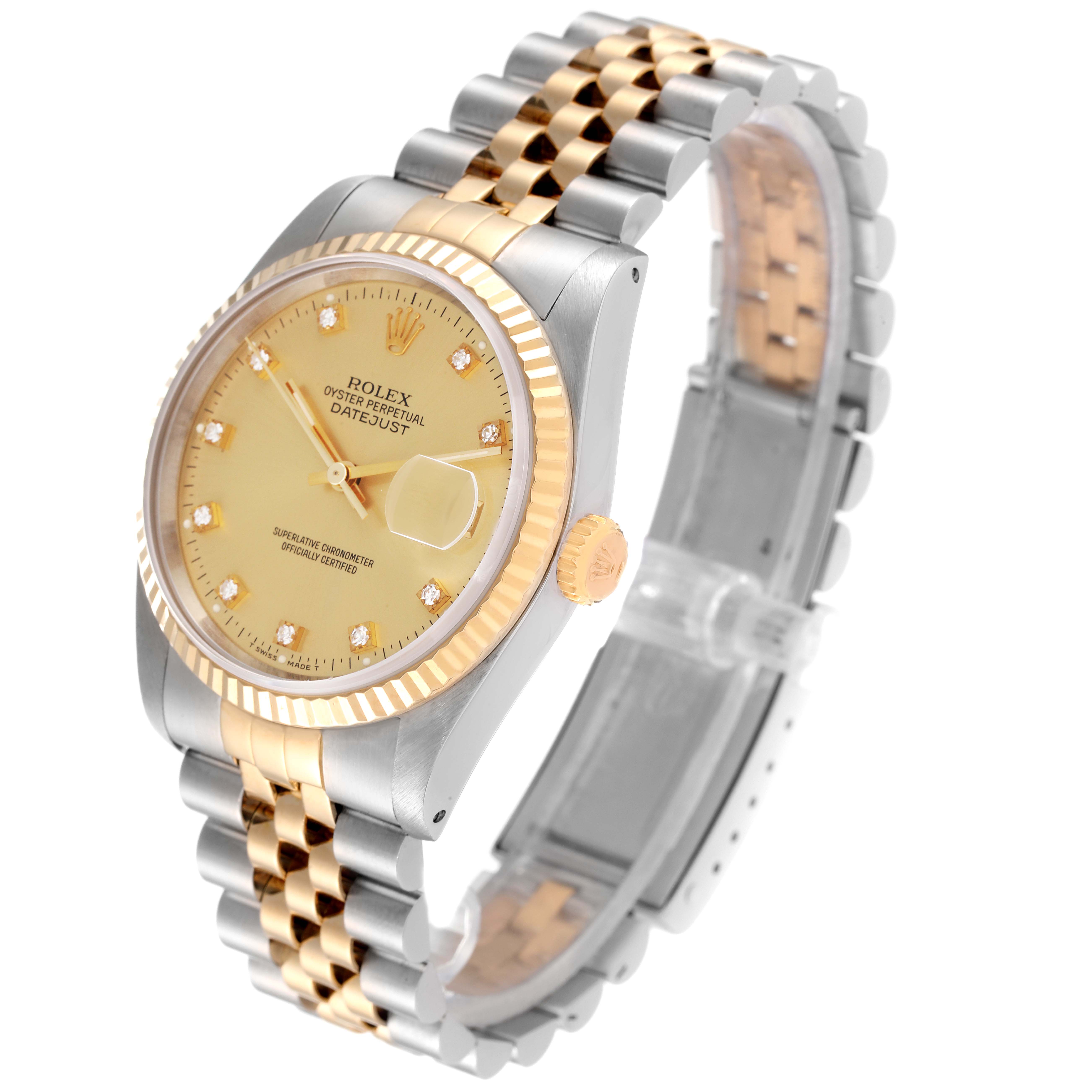 The image shows a Rolex Datejust 16233 Men's Steel and Gold (two tone) Champagne Dial 16233 Men's Steel and Gold (two tone) Champagne Dial model watch at an oblique angle, highlighting its face, fluted bezel, and two-tone bracelet.