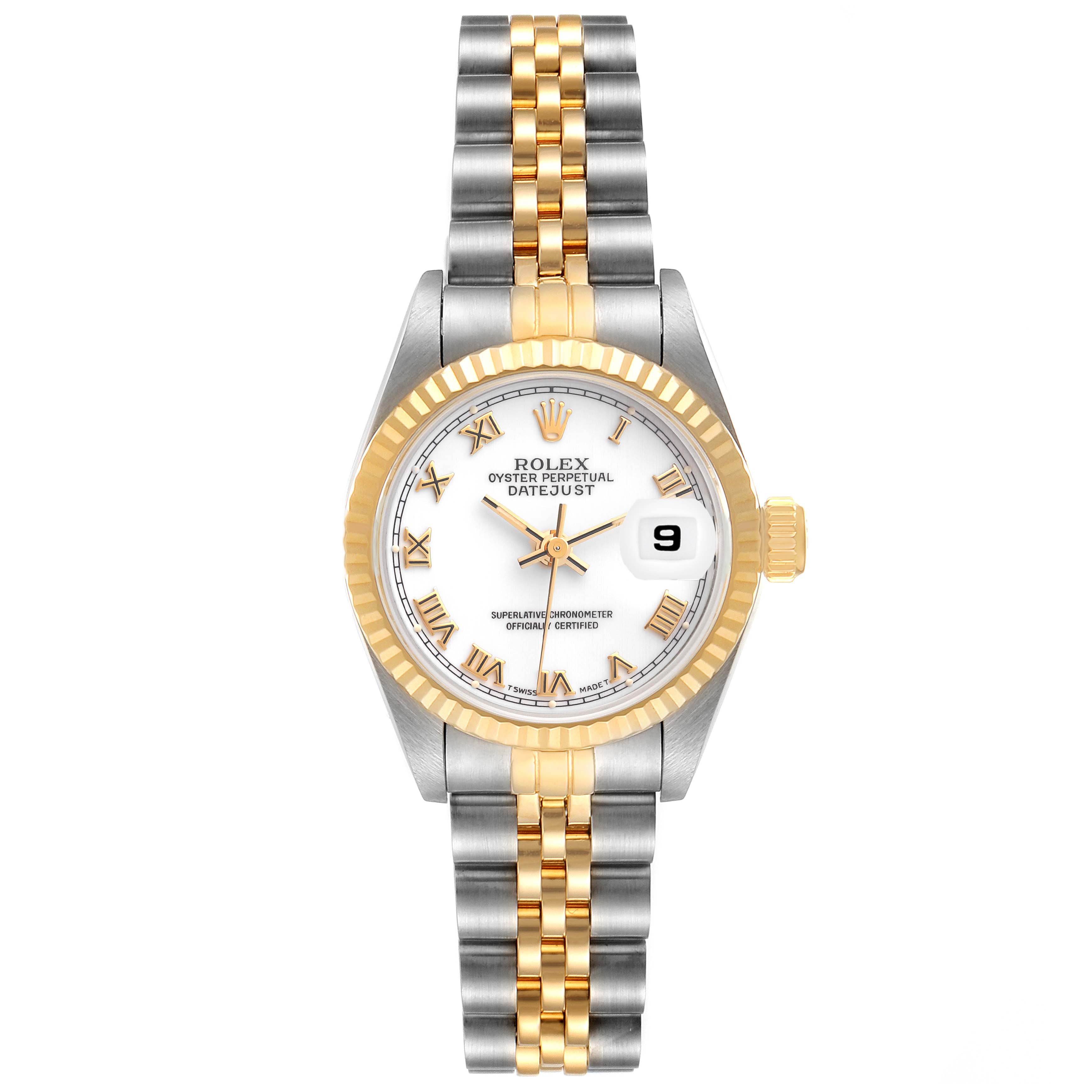 This image shows the front view of a Rolex Datejust 69173 Women
s Steel and Gold (two tone) White Dial 69173 Women
s Steel and Gold (two tone) White Dial watch, detailing its face, bezel, crown, and two-tone bracelet.