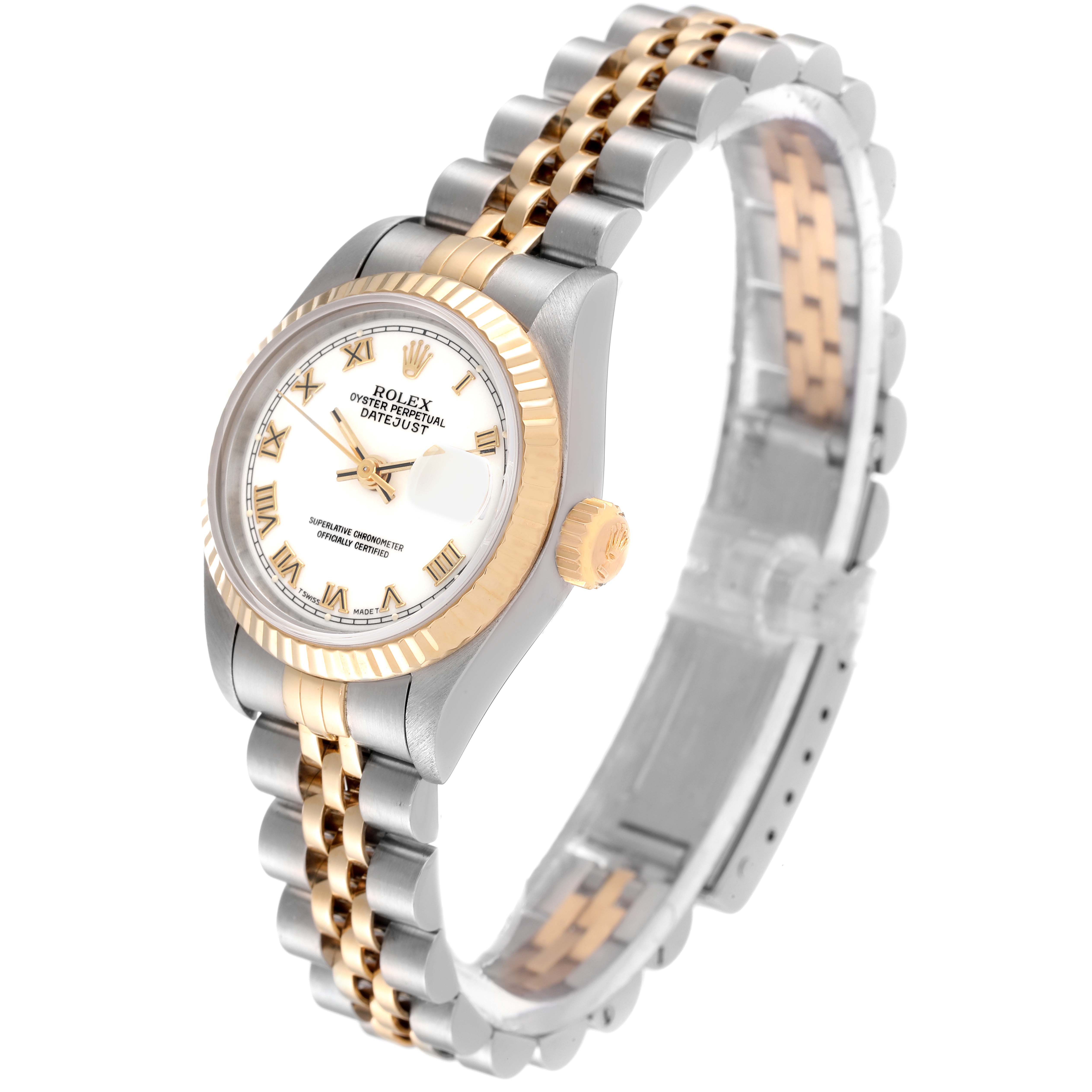 This image shows a Rolex Datejust 69173 Women
s Steel and Gold (two tone) White Dial 69173 Women
s Steel and Gold (two tone) White Dial watch at a three-quarter angle, highlighting the dial, bezel, and two-tone bracelet.