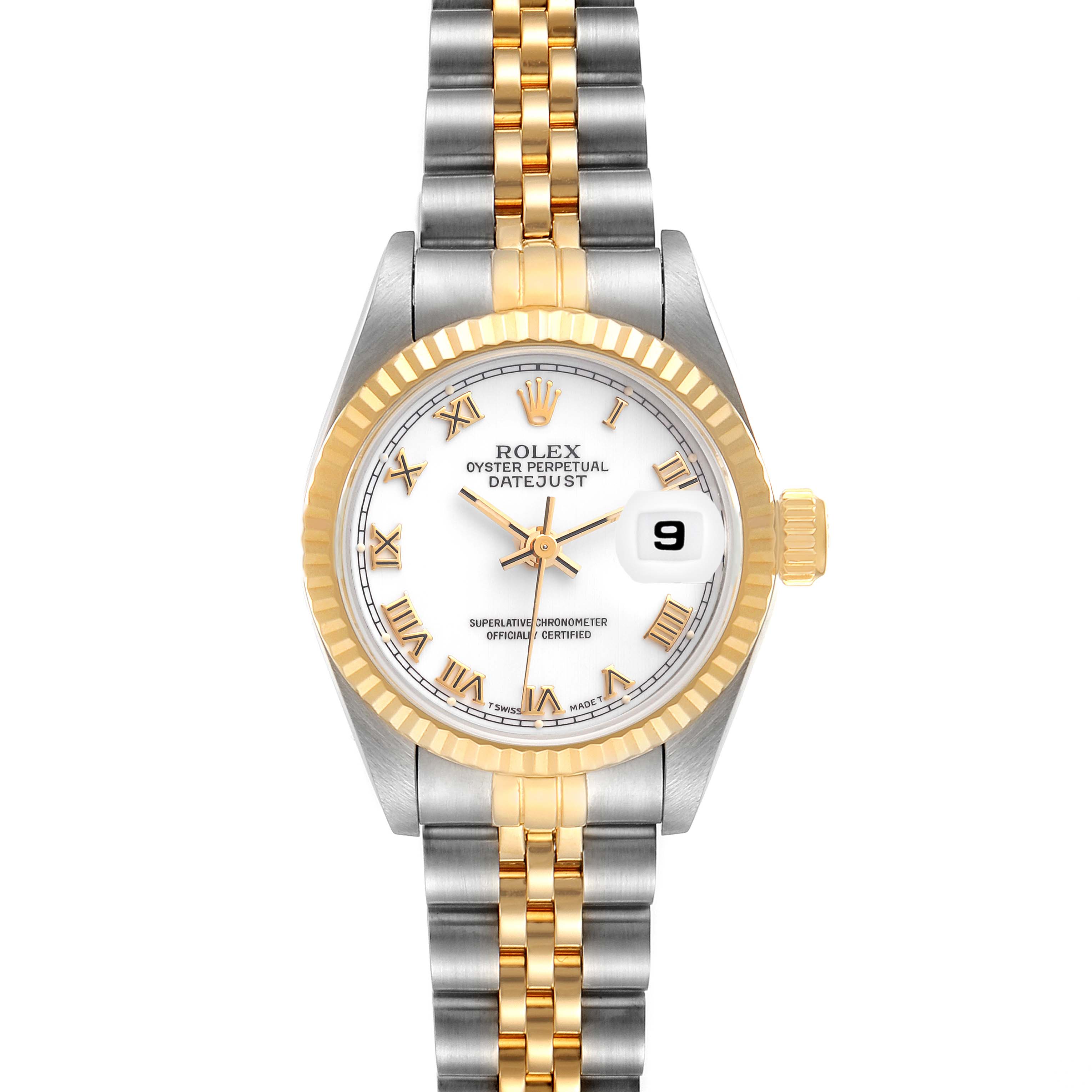 The image shows a front view of the Rolex Datejust 69173 Women
s Steel and Gold (two tone) White Dial 69173 Women
s Steel and Gold (two tone) White Dial watch, highlighting the dial, bezel, and bracelet.