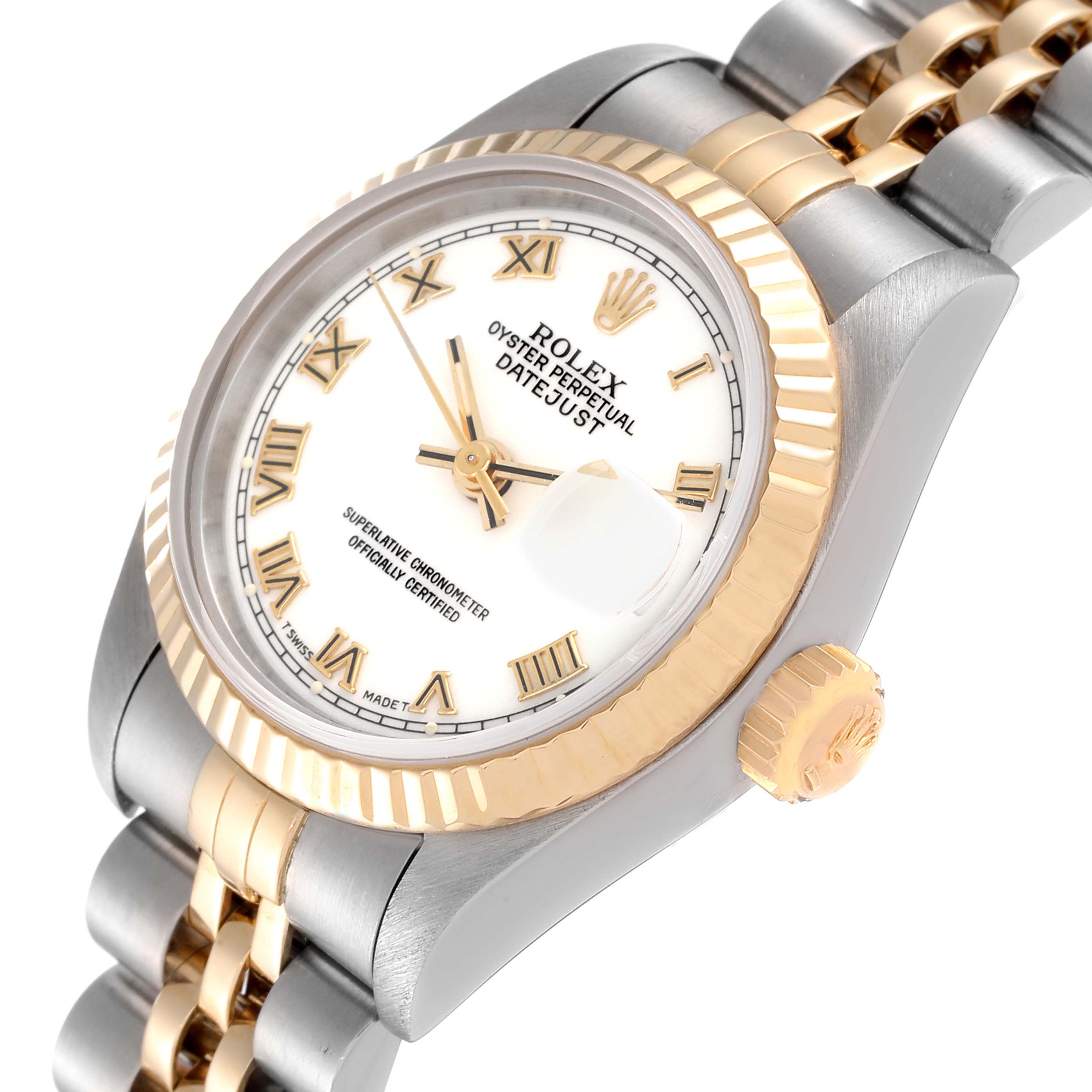 The image shows an angled close-up of the Rolex Datejust 69173 Women
s Steel and Gold (two tone) White Dial 69173 Women
s Steel and Gold (two tone) White Dial watch face, bezel, crown, and part of the two-tone bracelet.