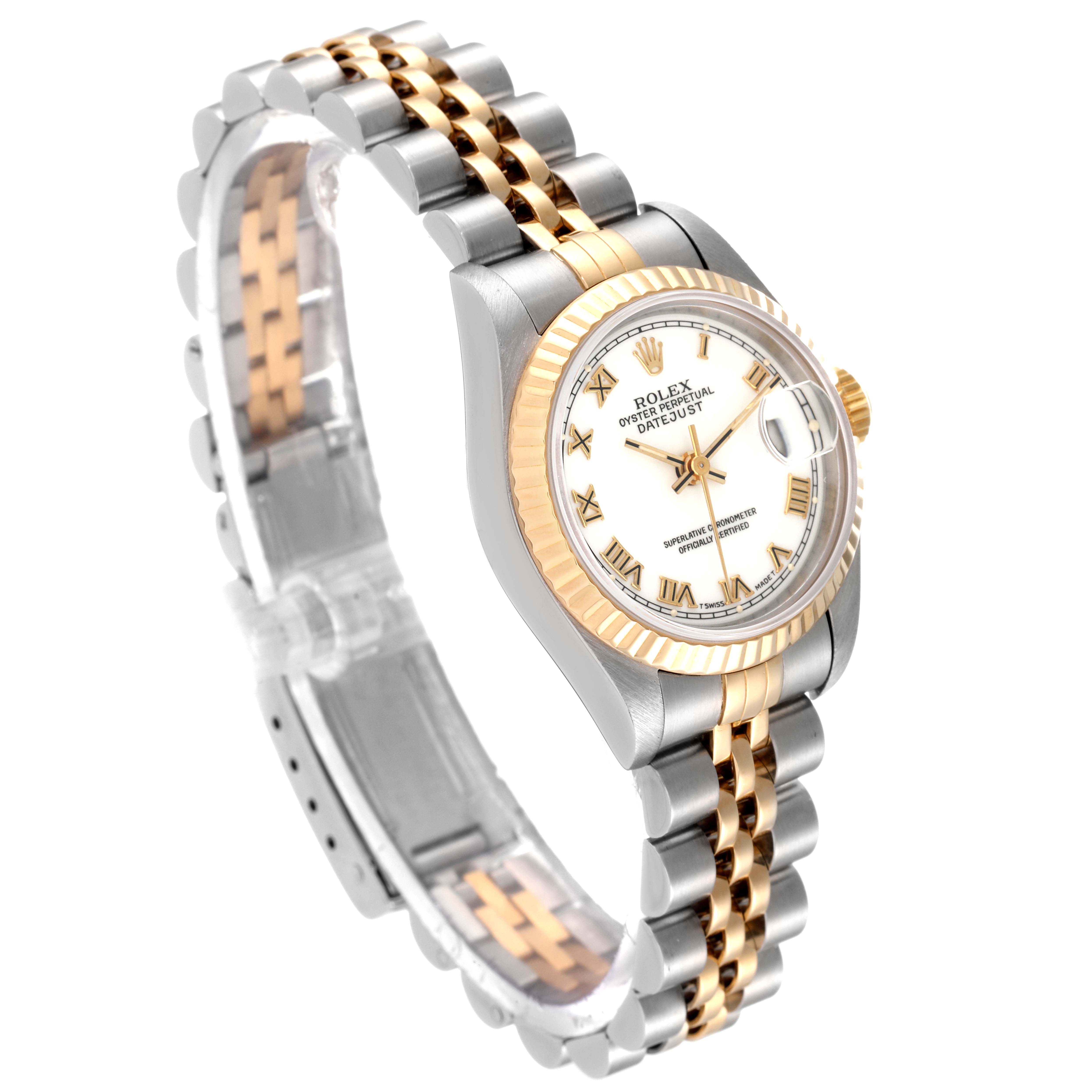 The image shows a Rolex Datejust 69173 Women
s Steel and Gold (two tone) White Dial 69173 Women
s Steel and Gold (two tone) White Dial watch at an angled side view, highlighting its two-tone bracelet and fluted bezel.