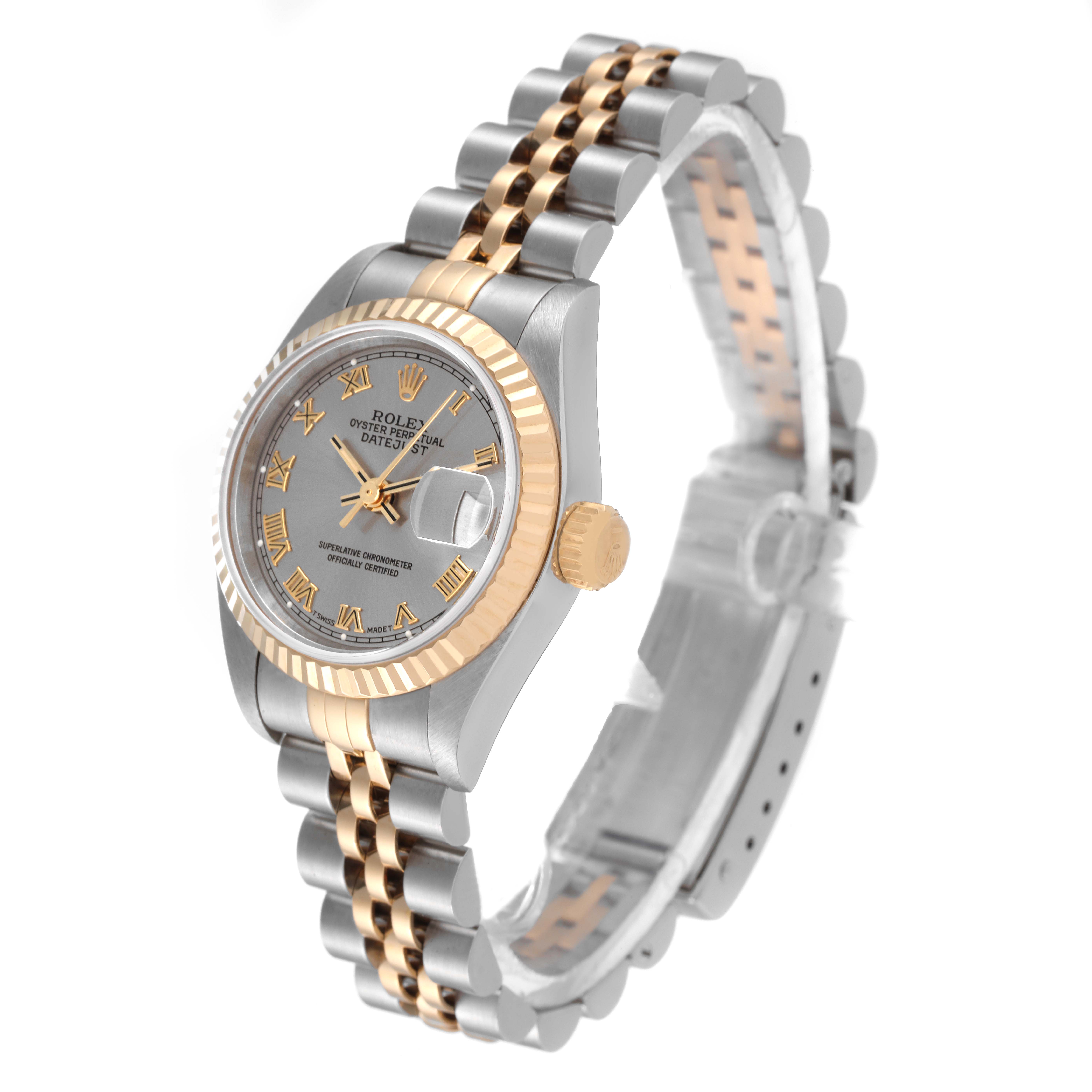 The Rolex Datejust 69173 Women's Steel and Gold (two tone) Grey Dial 69173 Women's Steel and Gold (two tone) Grey Dial watch is shown at an angled side view, displaying the bezel, dial, crown, and two-tone bracelet.
