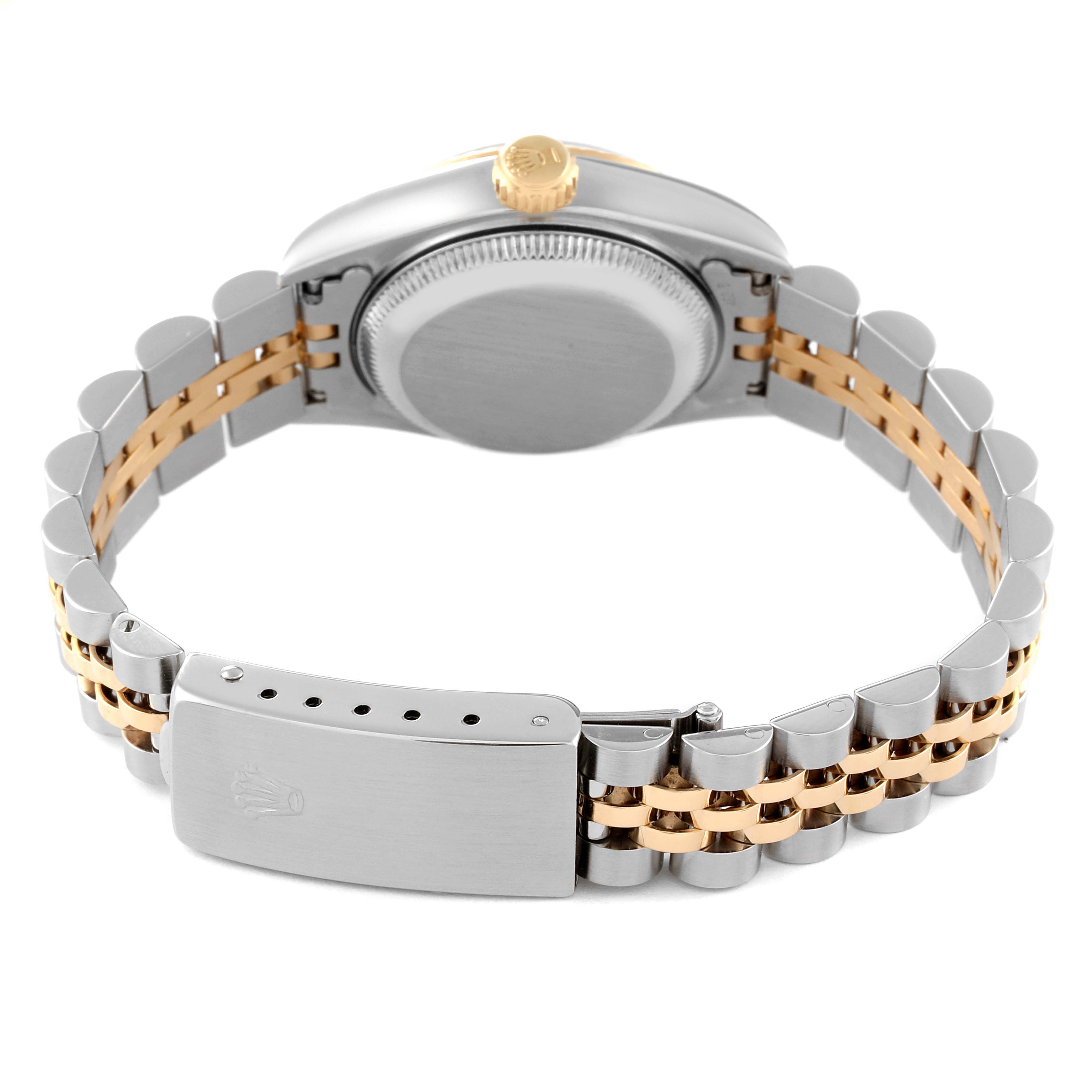 The image shows the back view of a Rolex Datejust 69173 Women's Steel and Gold (two tone) Grey Dial 69173 Women's Steel and Gold (two tone) Grey Dial model, highlighting the case back, crown, and two-tone bracelet with the clasp.