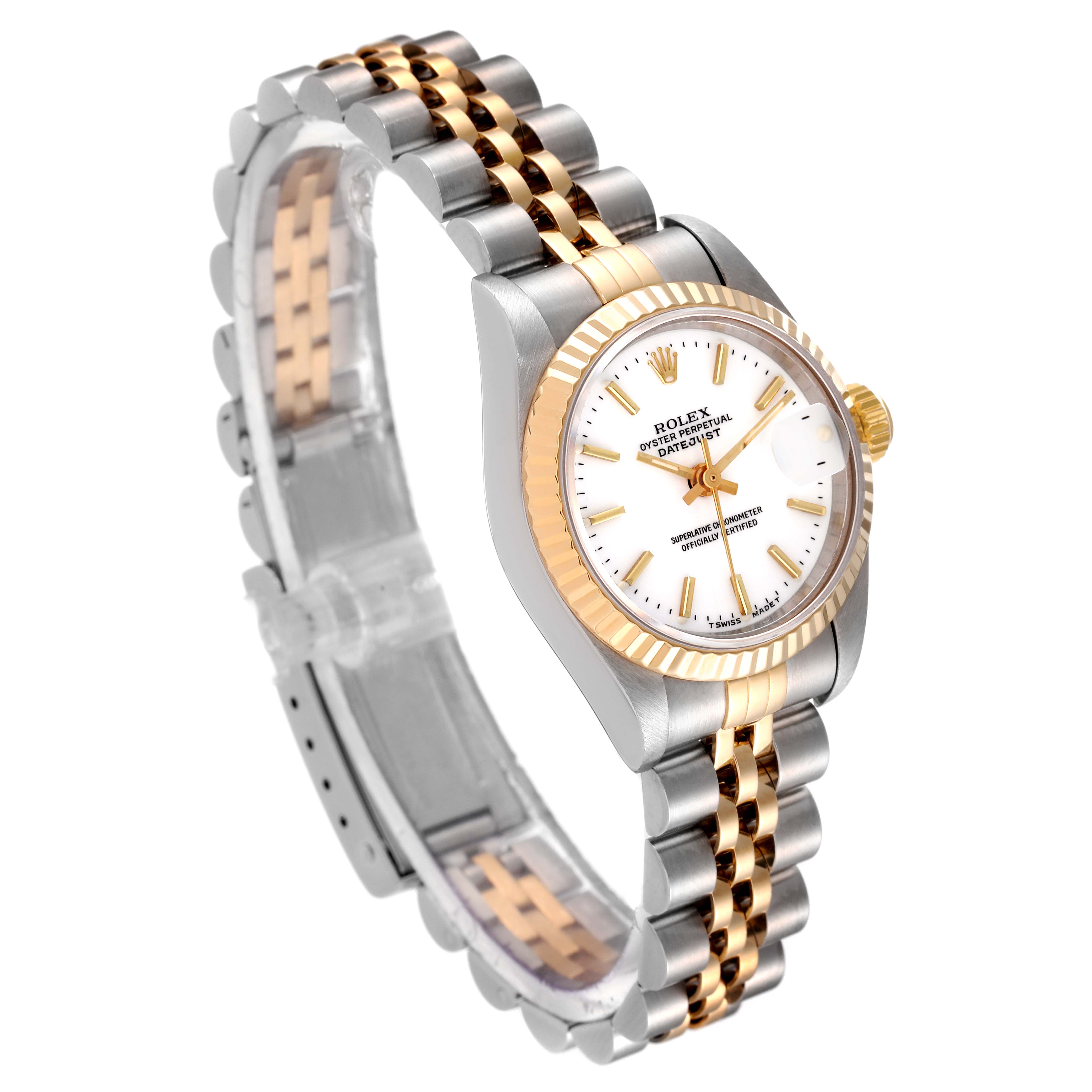 The image shows a Rolex Datejust 69173 Women
s Steel and Gold (two tone) White Dial 69173 Women
s Steel and Gold (two tone) White Dial watch angled to display the face, bezel, crown, and two-tone bracelet.