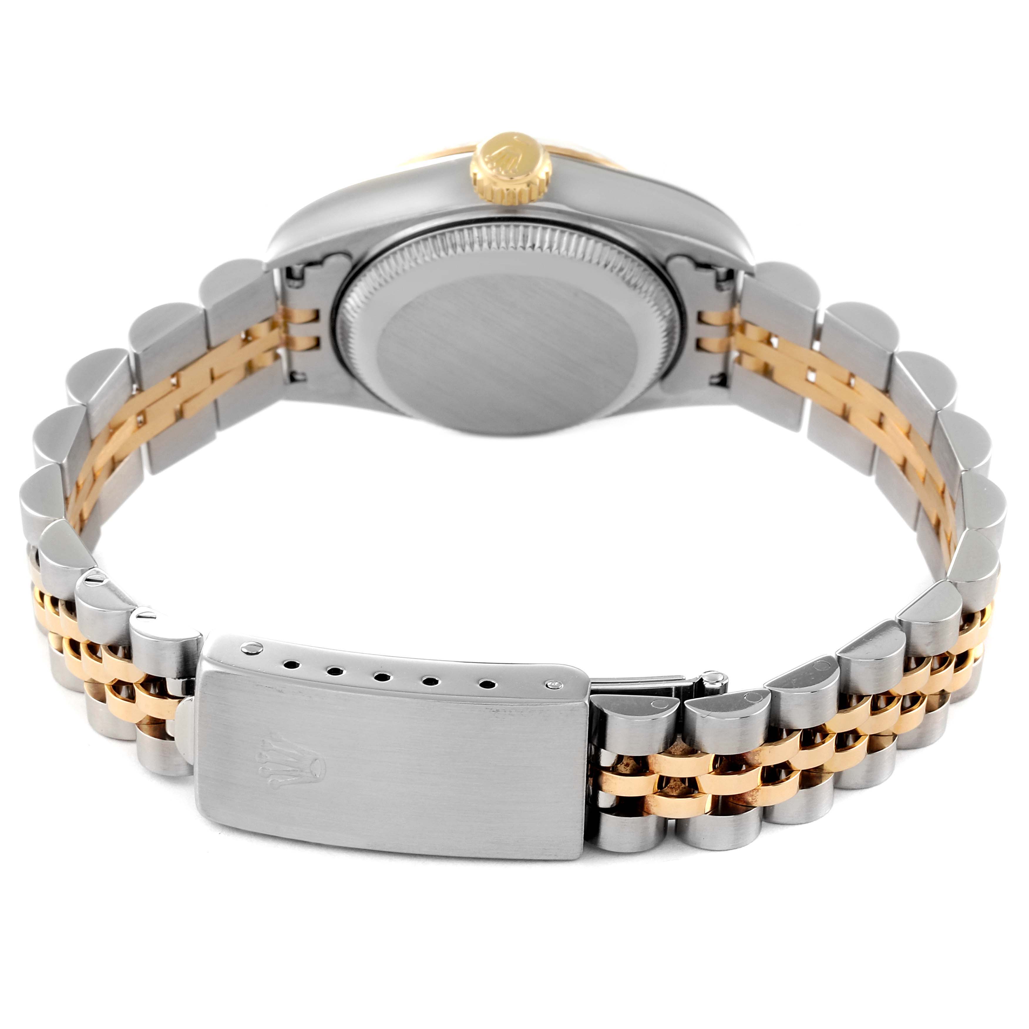 The image shows the back view of a Rolex Datejust 69173 Women
s Steel and Gold (two tone) White Dial 69173 Women
s Steel and Gold (two tone) White Dial watch, highlighting the two-tone bracelet, clasp, and case back.