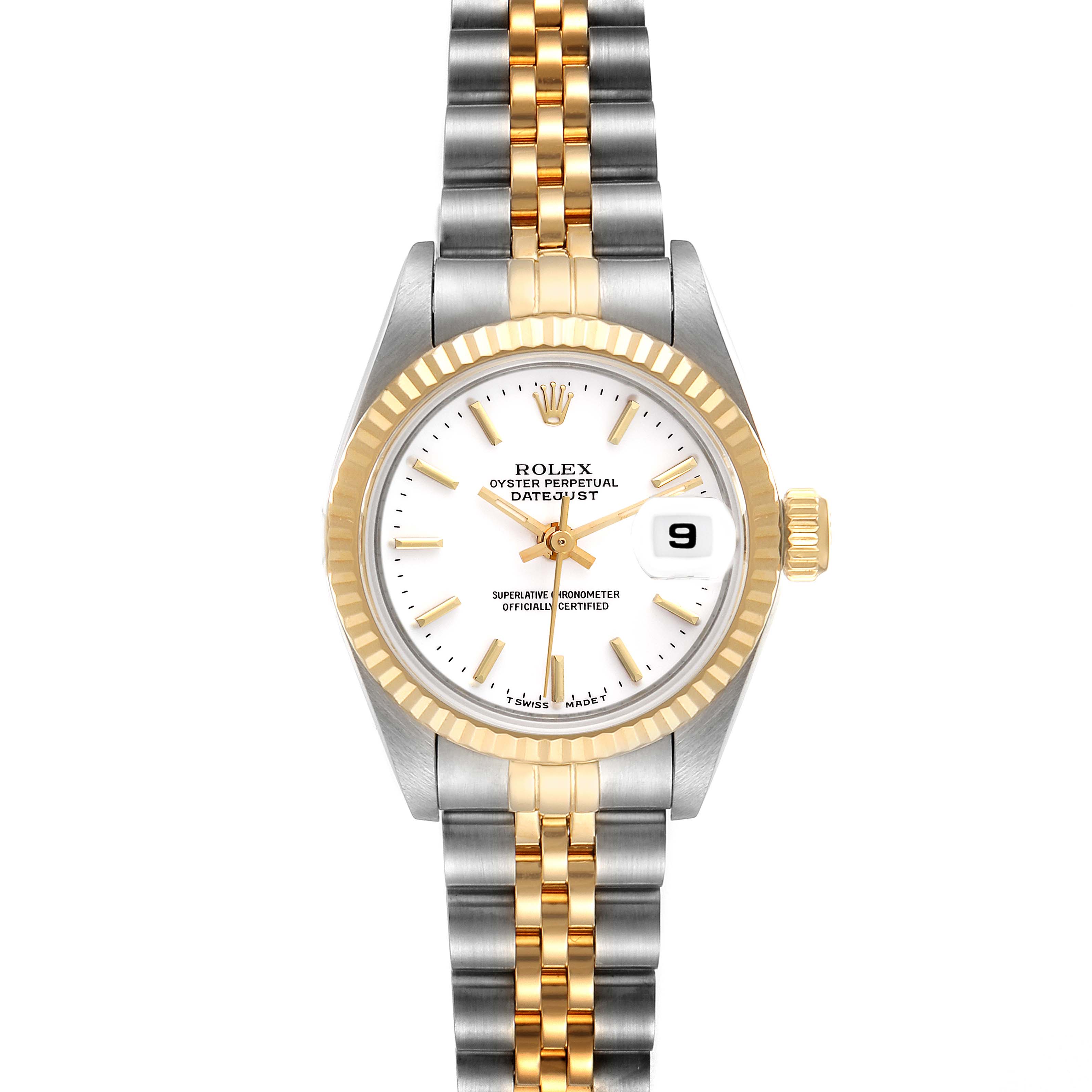 The image shows a front view of a Rolex Datejust 69173 Women
s Steel and Gold (two tone) White Dial 69173 Women
s Steel and Gold (two tone) White Dial watch, displaying its dial, bezel, and two-tone bracelet.