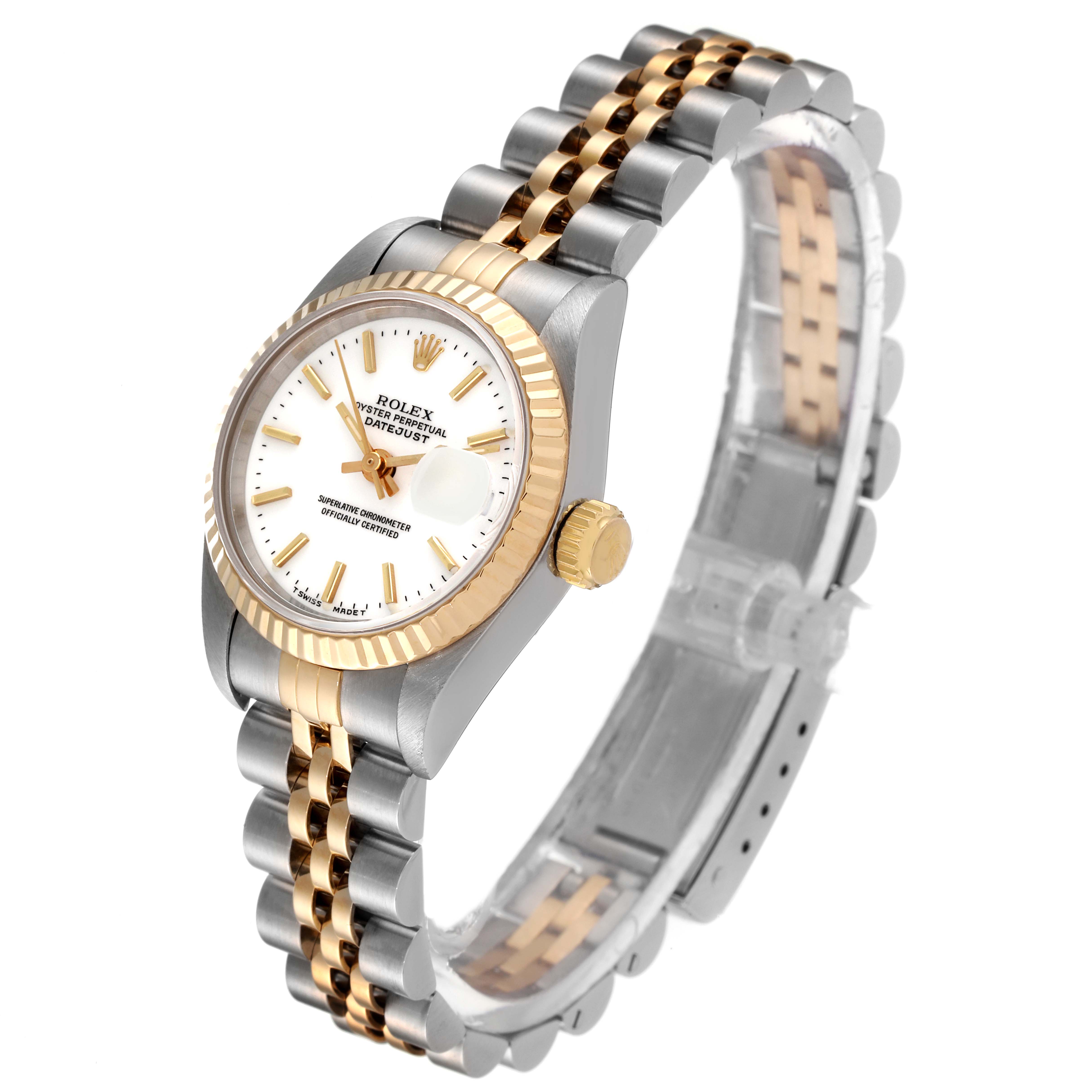 The image shows a Rolex Datejust 69173 Women
s Steel and Gold (two tone) White Dial 69173 Women
s Steel and Gold (two tone) White Dial watch at an angle displaying its face, bezel, crown, and two-tone bracelet.