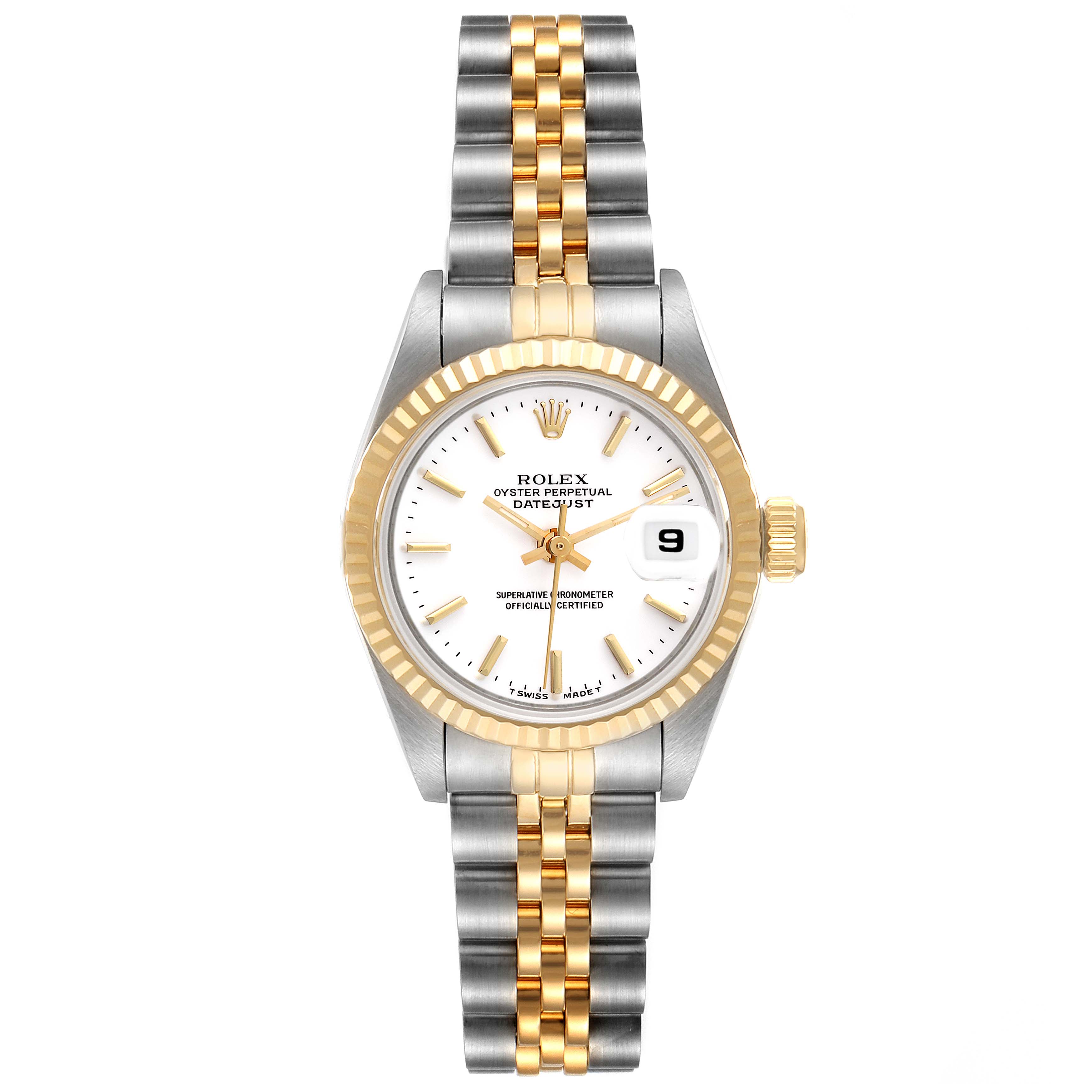 The Rolex Datejust 69173 Women
s Steel and Gold (two tone) White Dial 69173 Women
s Steel and Gold (two tone) White Dial watch is shown from a top-down angle, displaying the face, bezel, and two-tone bracelet.