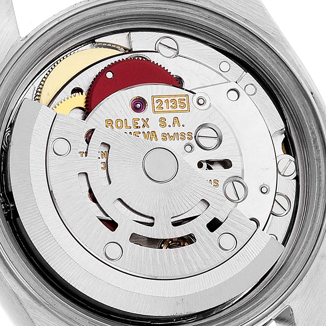 The image shows the internal movement mechanics of a Rolex Datejust 69173 Women
s Steel and Gold (two tone) White Dial 69173 Women
s Steel and Gold (two tone) White Dial watch from a close-up angle.