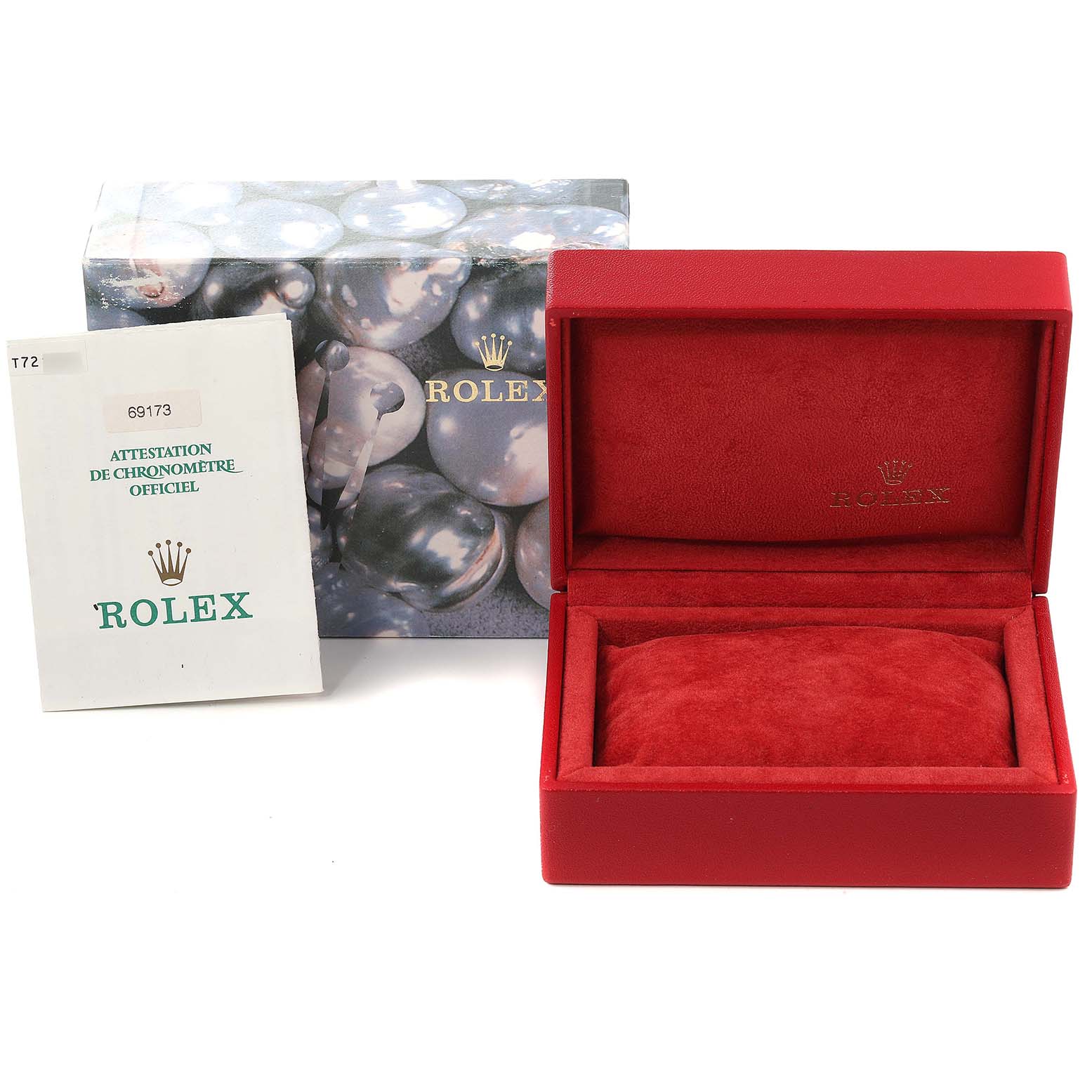 The image shows the packaging for a Rolex Datejust 69173 Women
s Steel and Gold (two tone) White Dial 69173 Women
s Steel and Gold (two tone) White Dial watch, including a decorative box, Red velvet watch case, and Best Quality
ation booklet.