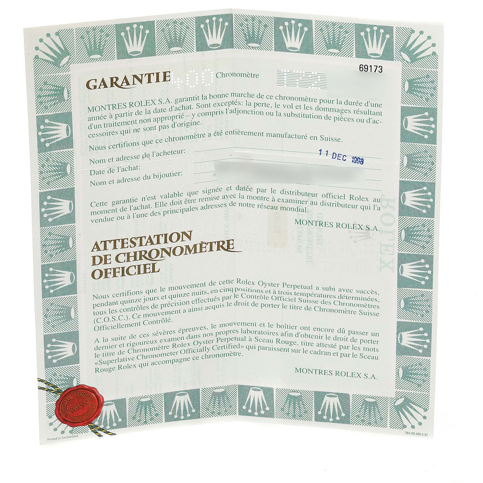 The image shows the warranty certificate for the Rolex Datejust 69173 Women
s Steel and Gold (two tone) White Dial 69173 Women
s Steel and Gold (two tone) White Dial model, featuring official chronometer certification details.