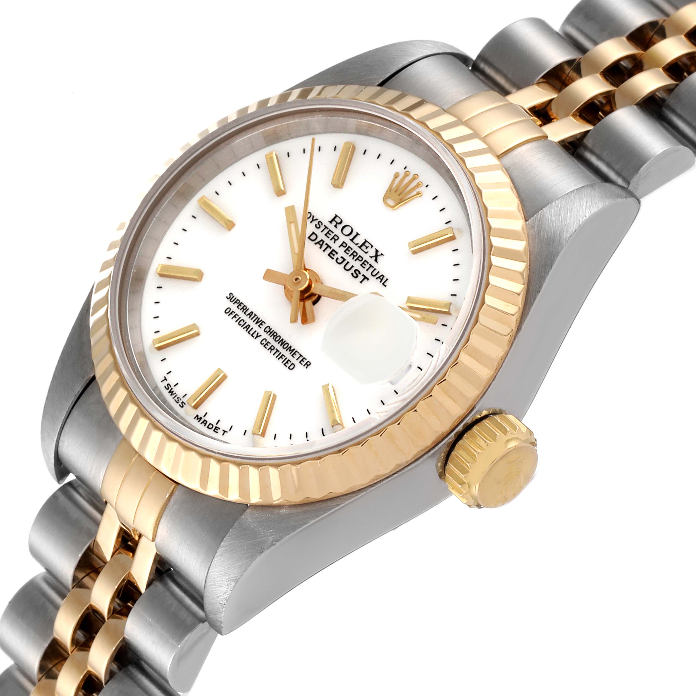 The image shows a close-up of a Rolex Datejust 69173 Women
s Steel and Gold (two tone) White Dial 69173 Women
s Steel and Gold (two tone) White Dial watch face at an angle, including the bezel, crown, and part of the bracelet.