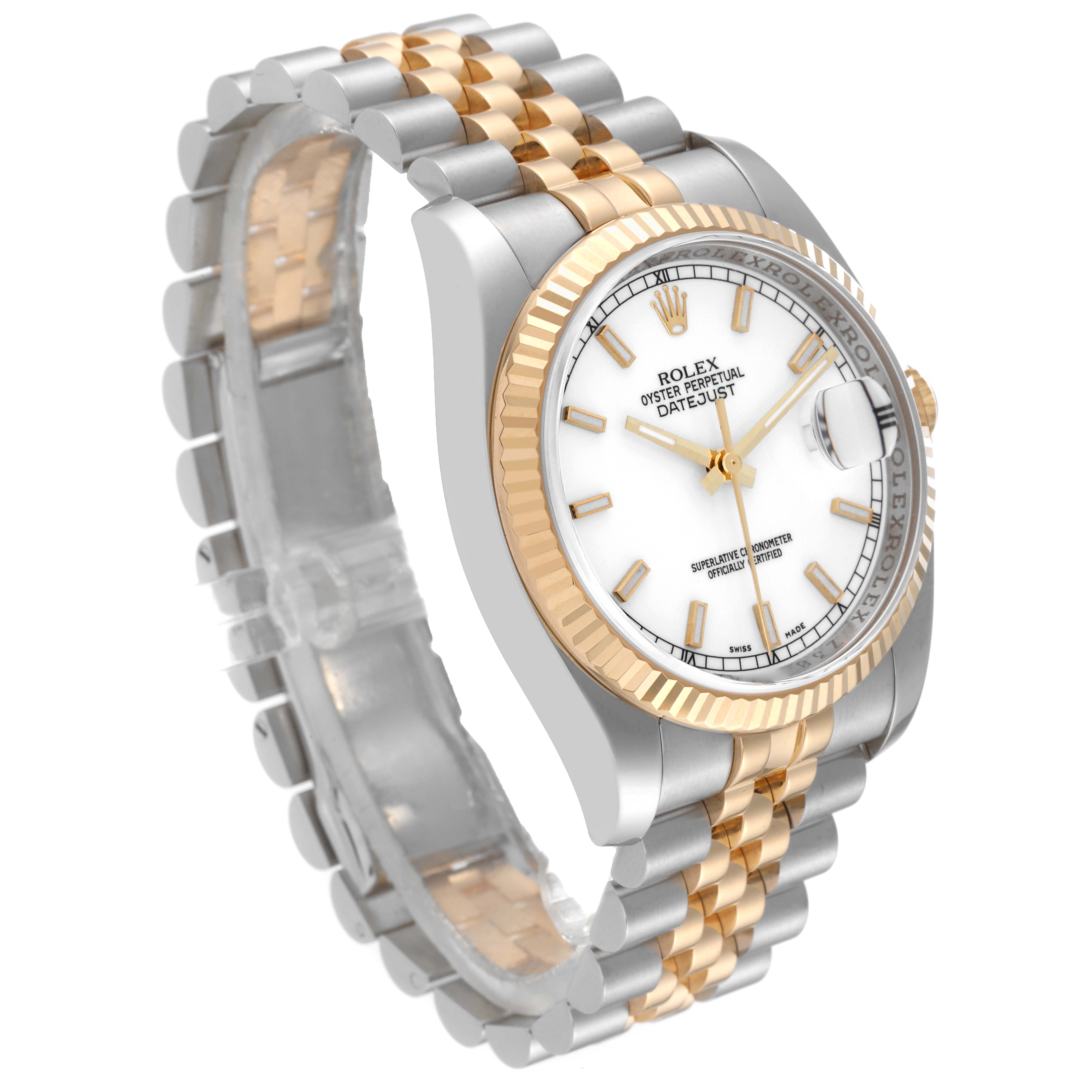 The image shows a side-angle view of a Rolex Datejust 116233 Men's Steel and Gold (two tone) White Dial 116233 Men's Steel and Gold (two tone) White Dial watch, highlighting its two-tone bracelet and fluted bezel.