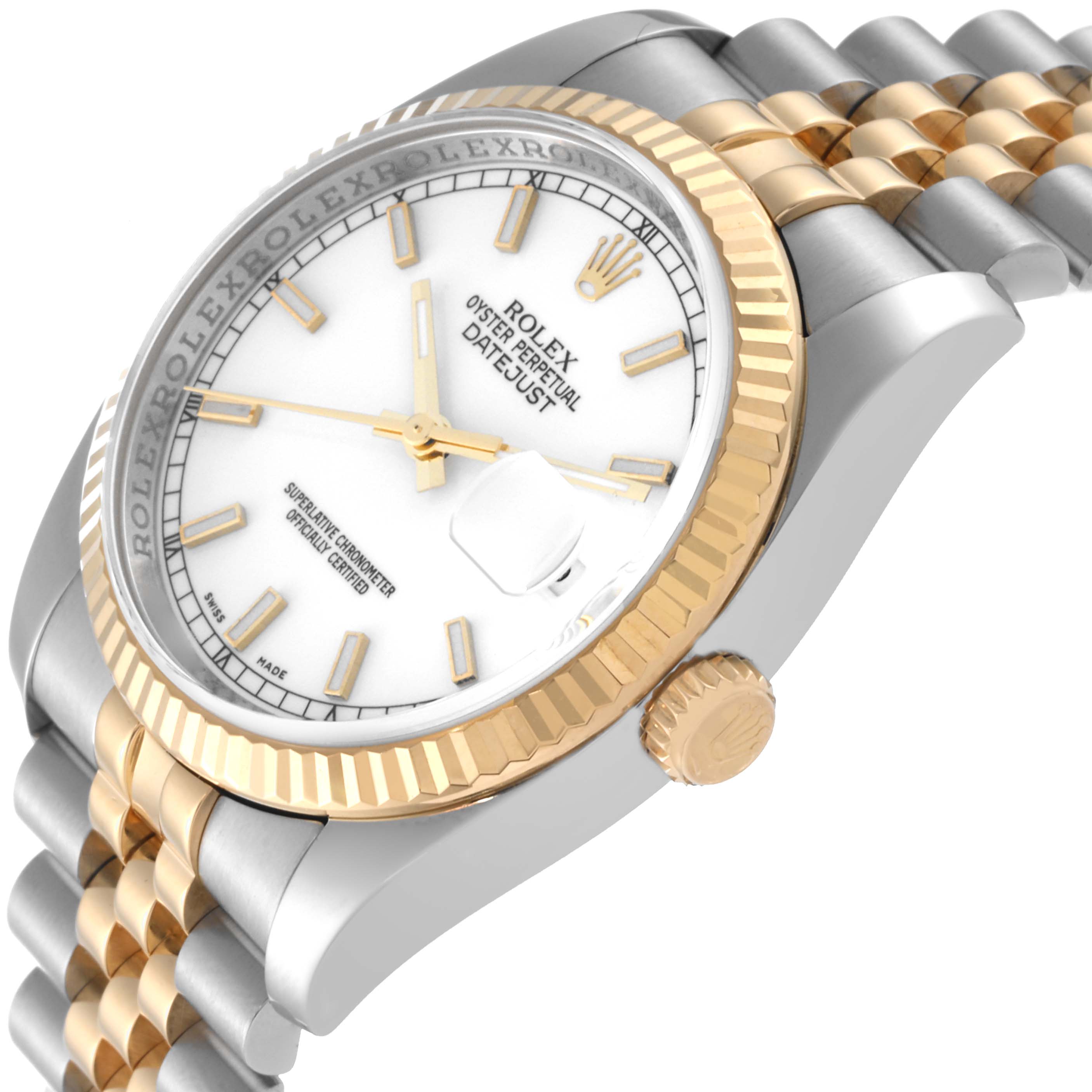 The image shows a Rolex Datejust 116233 Men's Steel and Gold (two tone) White Dial 116233 Men's Steel and Gold (two tone) White Dial watch from a side angle, highlighting its white dial, gold fluted bezel, crown, and Jubilee bracelet.